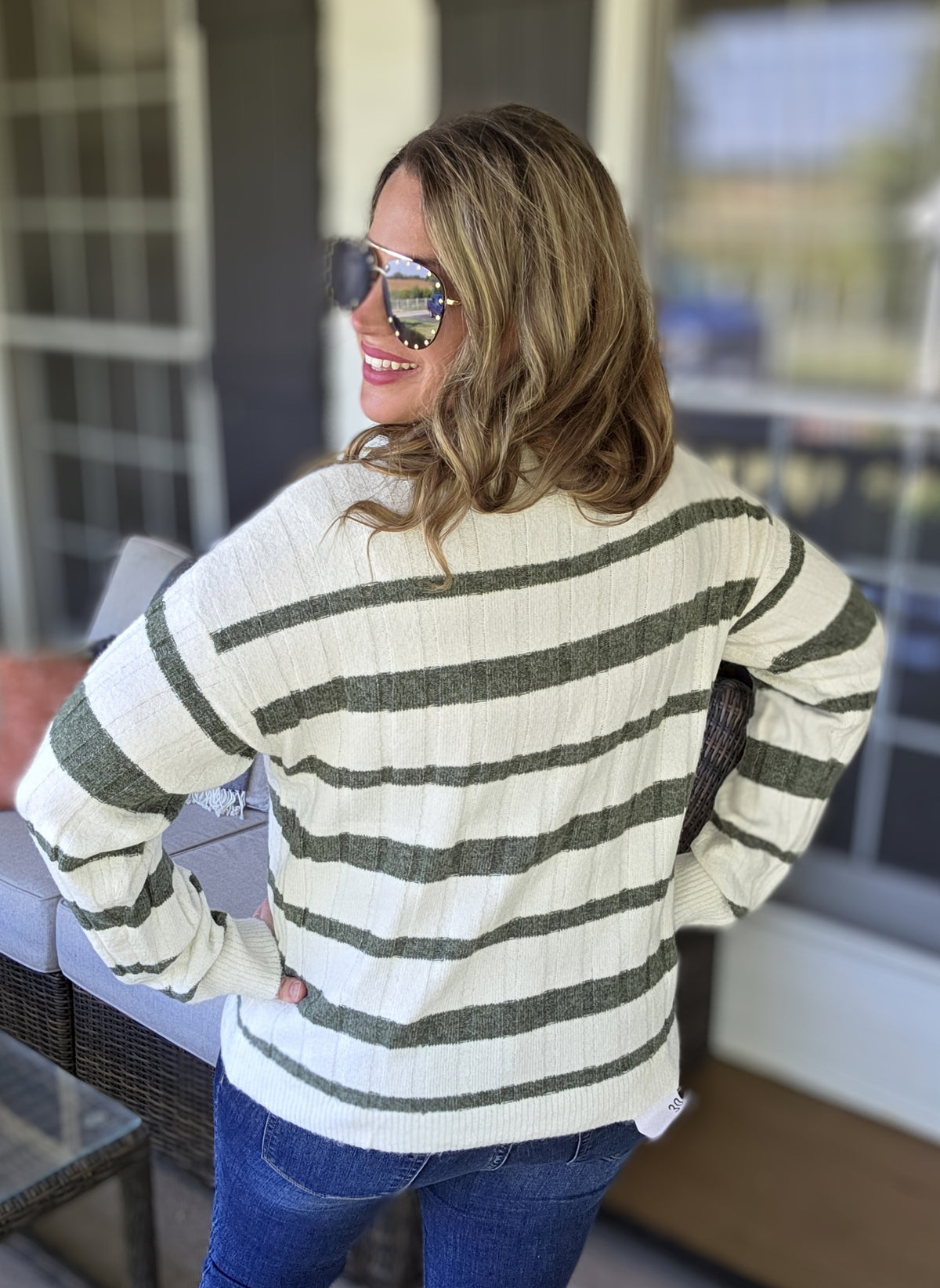 CREAM/DK SAGE STRIPED MOCK NECK PULLOVER SWEATER