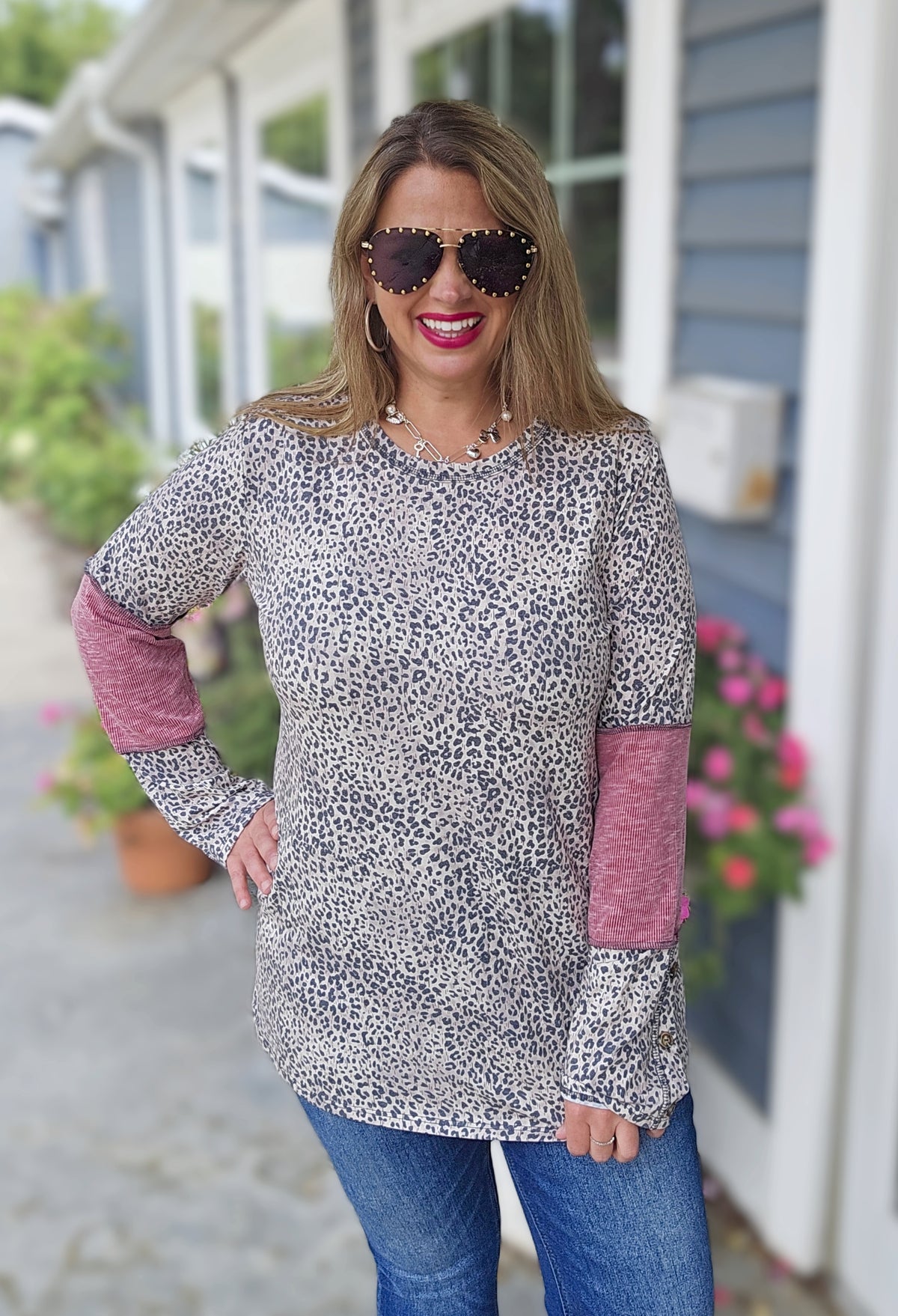 MOCHA ANIMAL PRINT KNIT TOP W/ BUTTON AND RIBBED INSERT LONG SLEEVE
