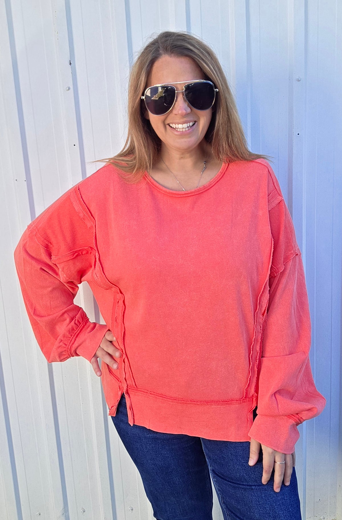 CORAL SOFT FRENCH TERRY PULLOVER WITH SPLIT FRONT AND RAW SEAMS