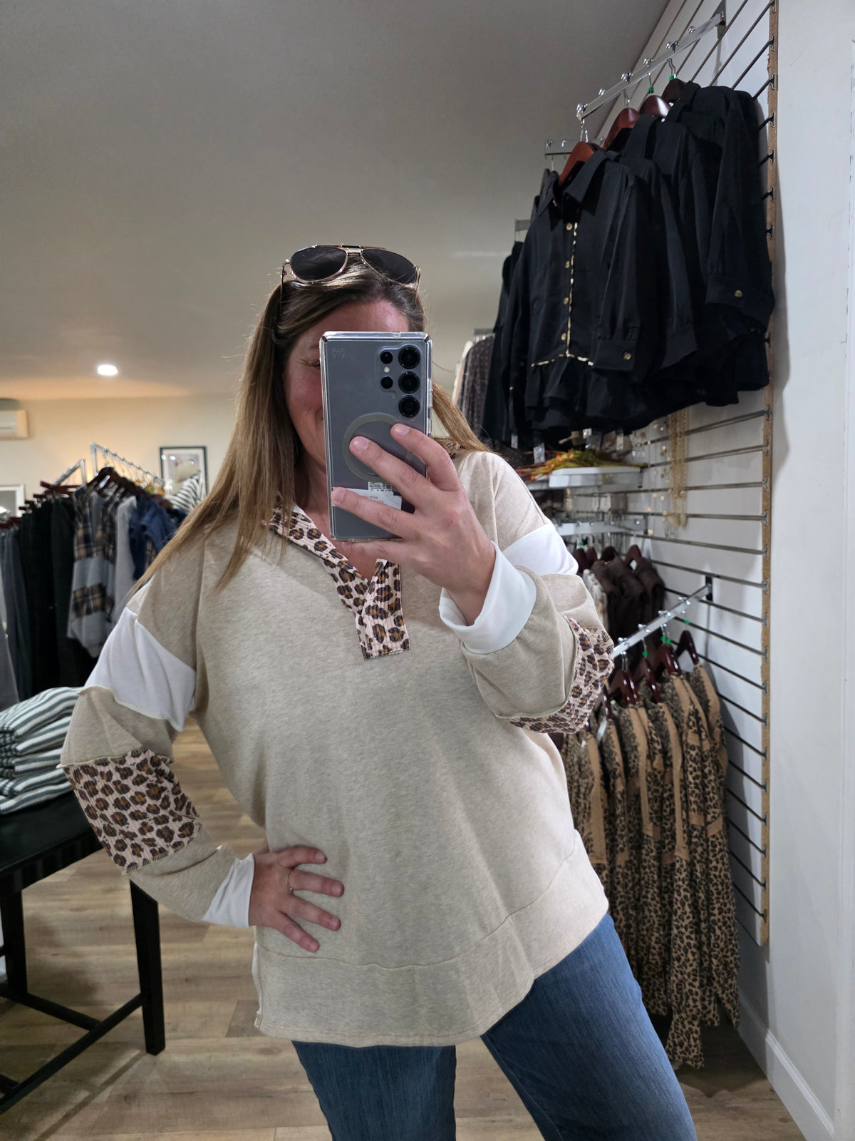 TAUPE OATMEAL/Animal Print Long Sleeves FRENCH TERRY TOP