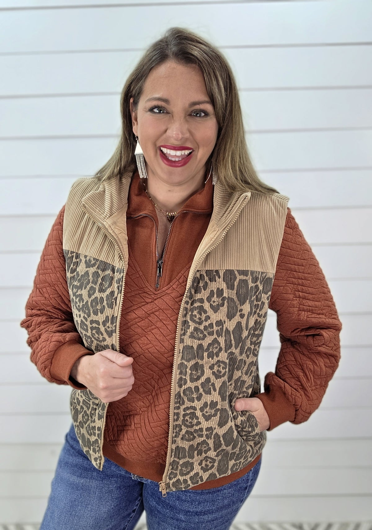 TAUPE LEOPARD CORD CONTRAST ZIPPER VEST