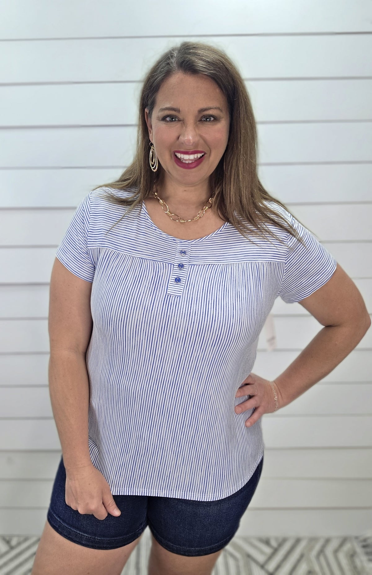BLUE PINSTRIPED KNIT FAUX BUTTON TRIM TOP