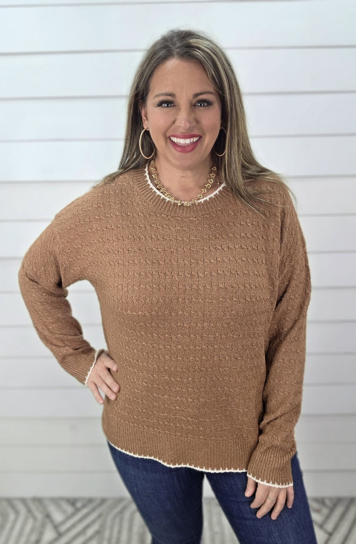 CAMEL CABLE TEXTURED/ CREAM TRIM SWEATER