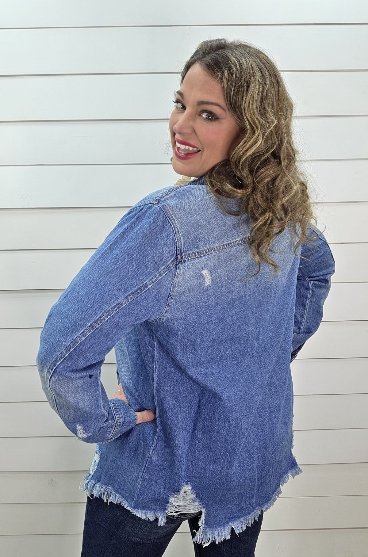 MEDIUM WASH DISTRESSED DENIM SHIRT