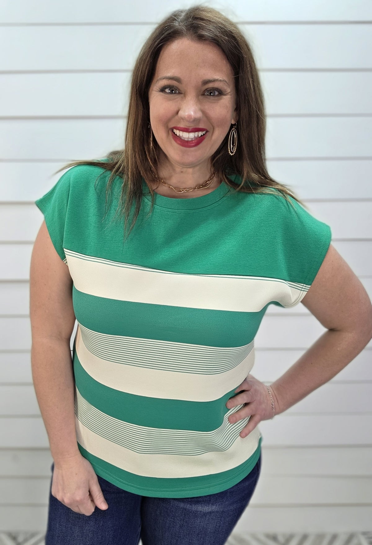 GREEN STRIPED MIXED CAP SLEEVE KNIT TOP