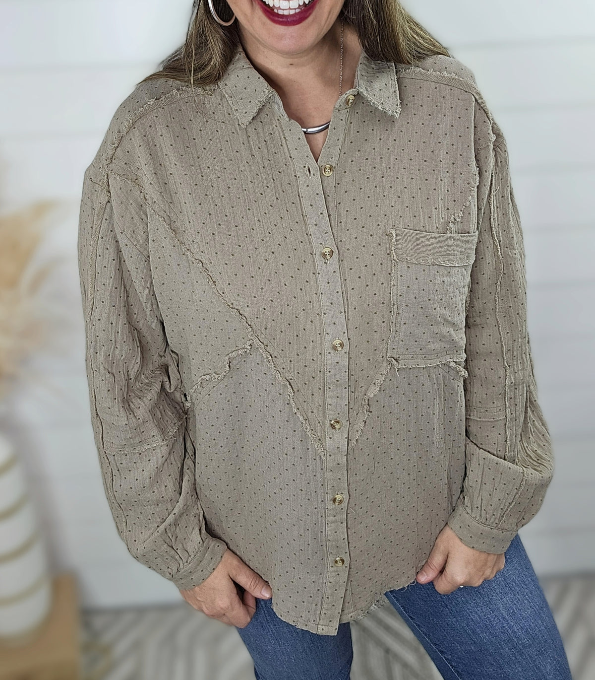 OLIVE GREY PRINTED COTTON GAIZED OVERSIZED BUTTON DOWN