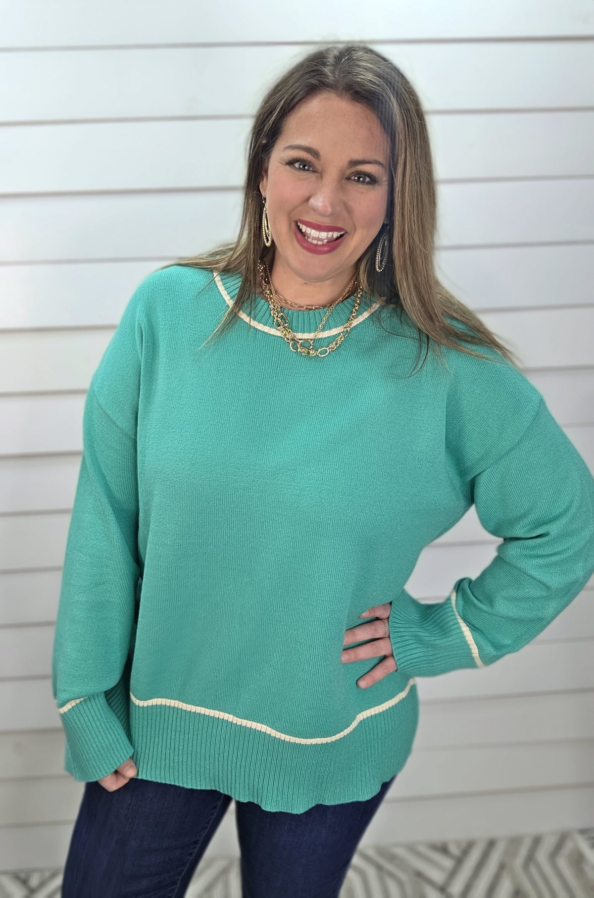TEAL CONTRAST DROP SHOULDER LIGHT WEIGHT SWEATER