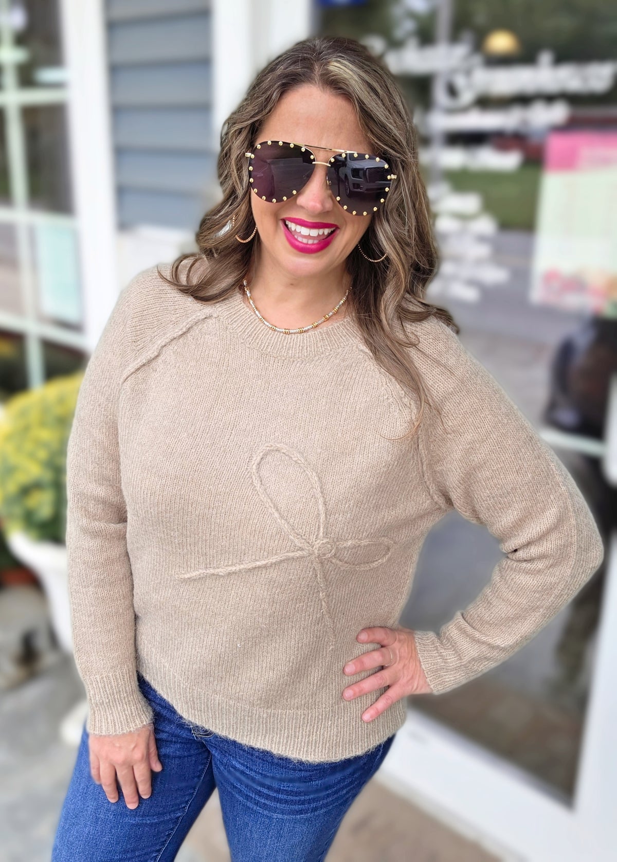 TAUPE BOW TEXTURED KNIT SWEATER