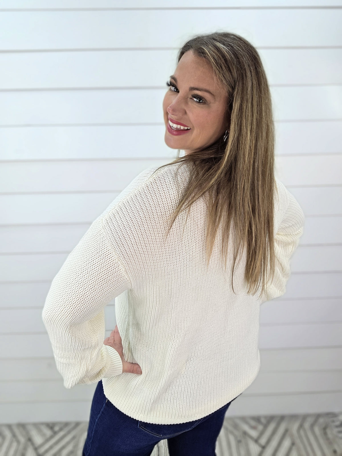 CREAM CANY CANE "MERRY & BRIGHT" SWEATER