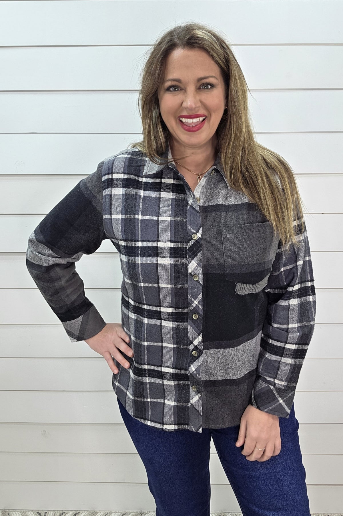 KAREN HART BLACK PLAID CONTRAST FLANNEL SHIRT