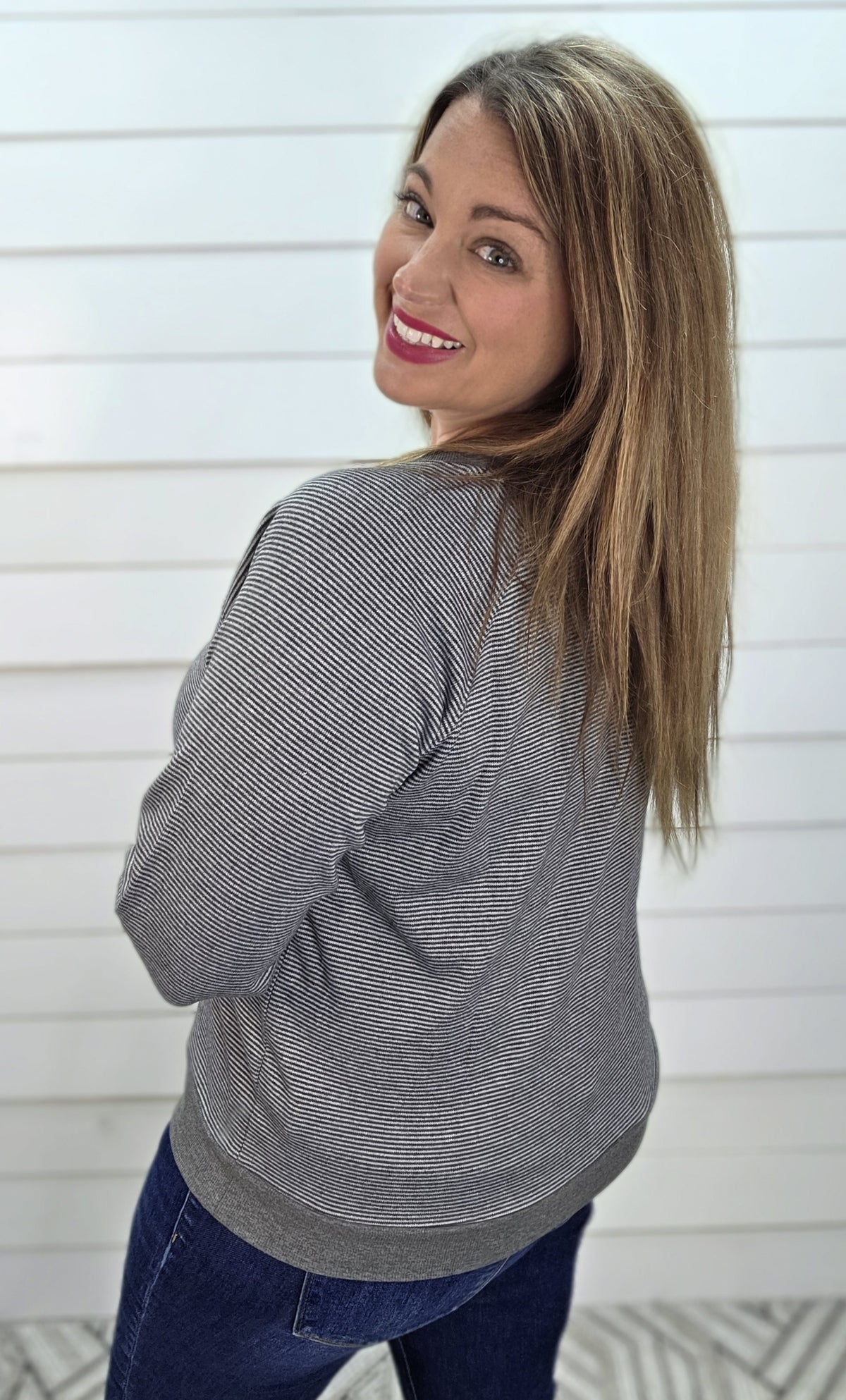 HEATHER GREY Crew Neck, Long Sleeve, Pinstriped Heavy Techno Top