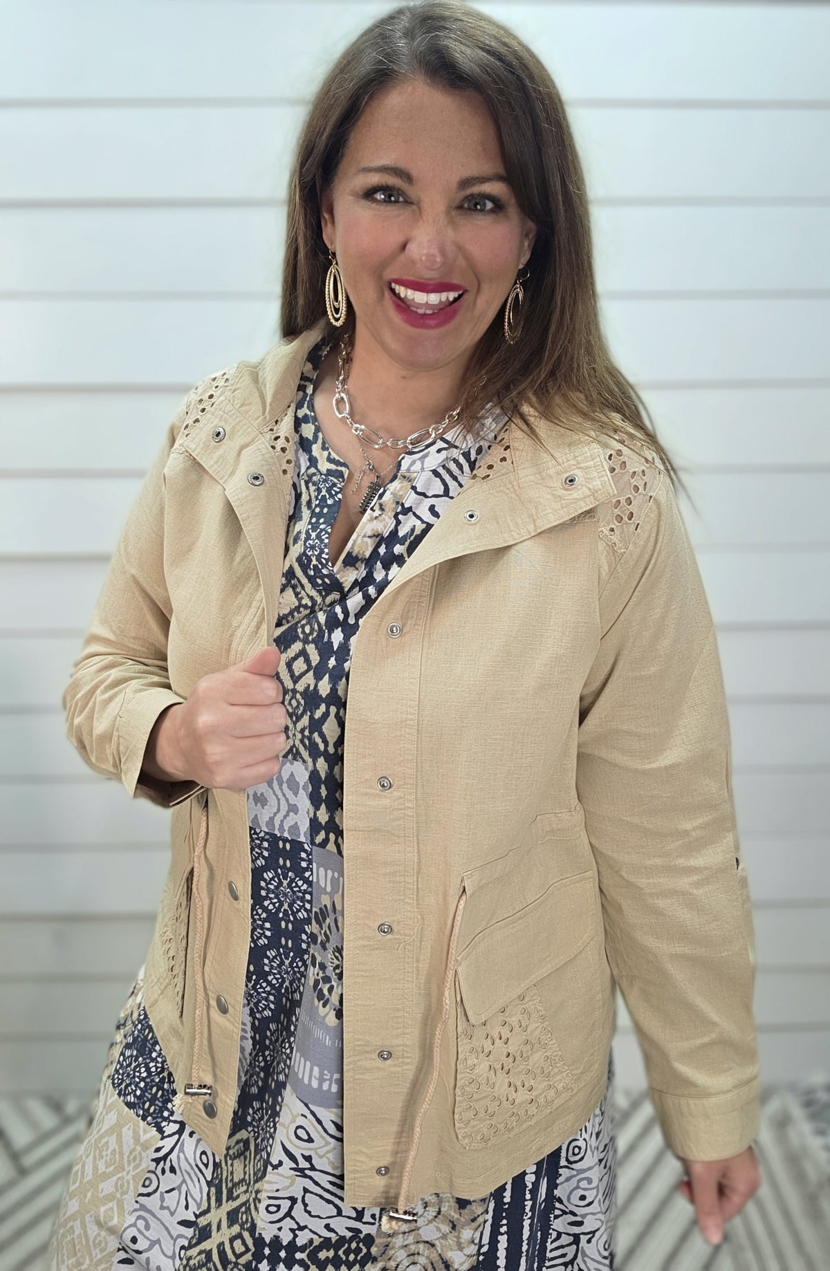 SAND CROCHET TRIM LINEN BLEND DRAWSTRING JACKET