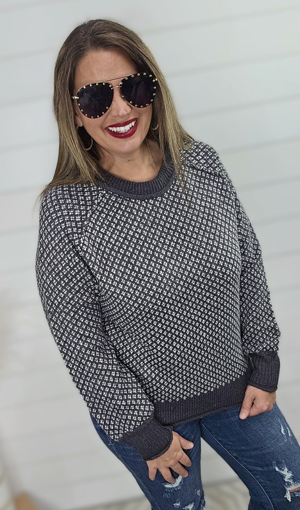 GUNMETAL PRINTED CREW NECK SWEATER