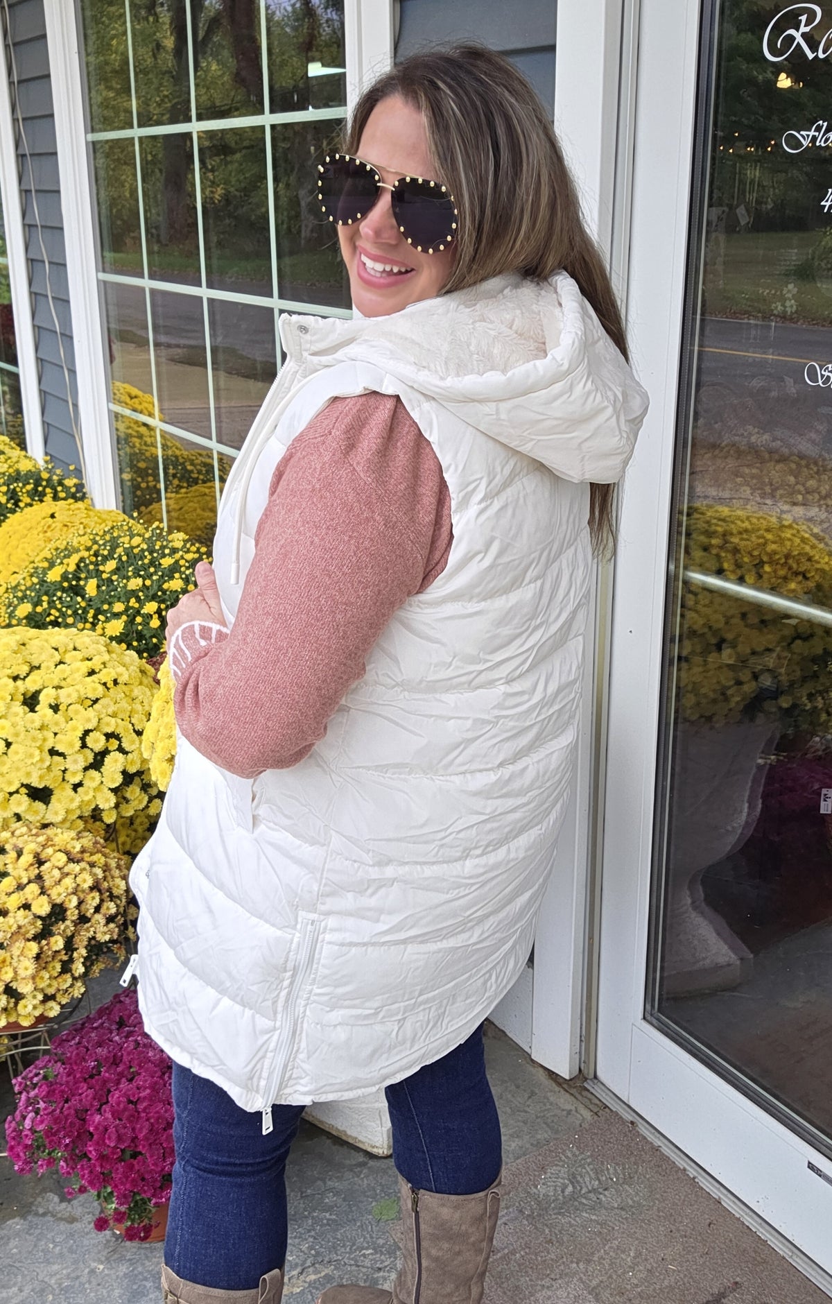 IVORY LONG PUFFER HOODED VEST