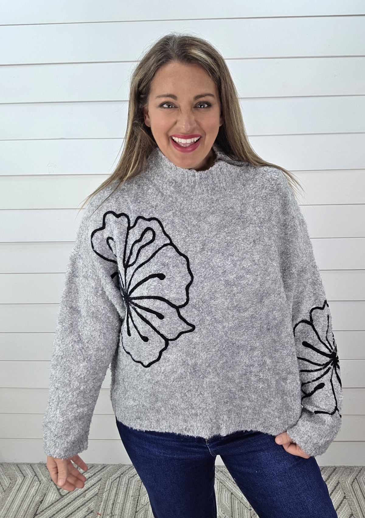 GREY PLUSH 3D FLORAL MOCK NECK SWEATER