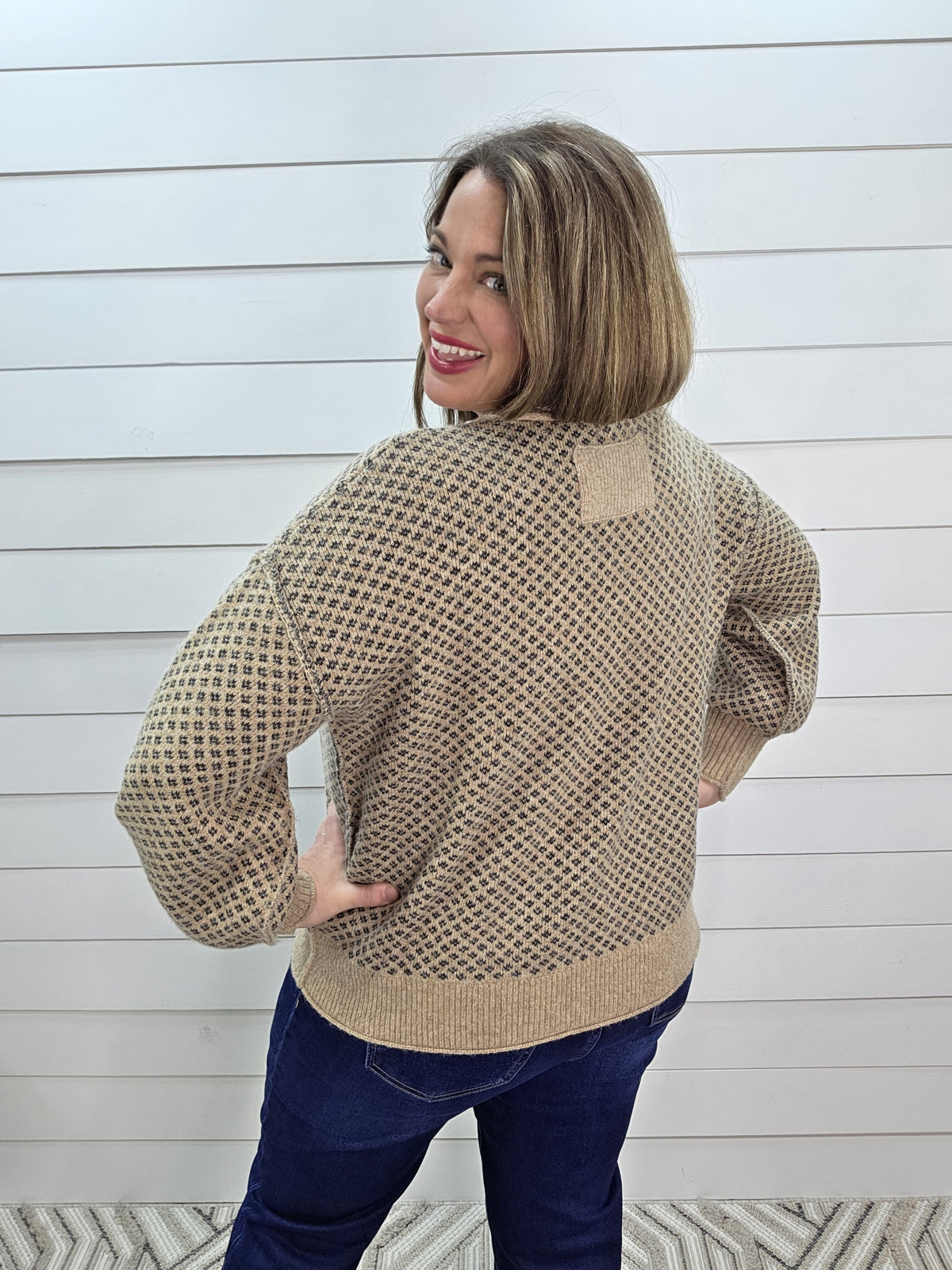 KHAKI MINI JACQUARD CREW NECK LONG SLEEVE SWEATER