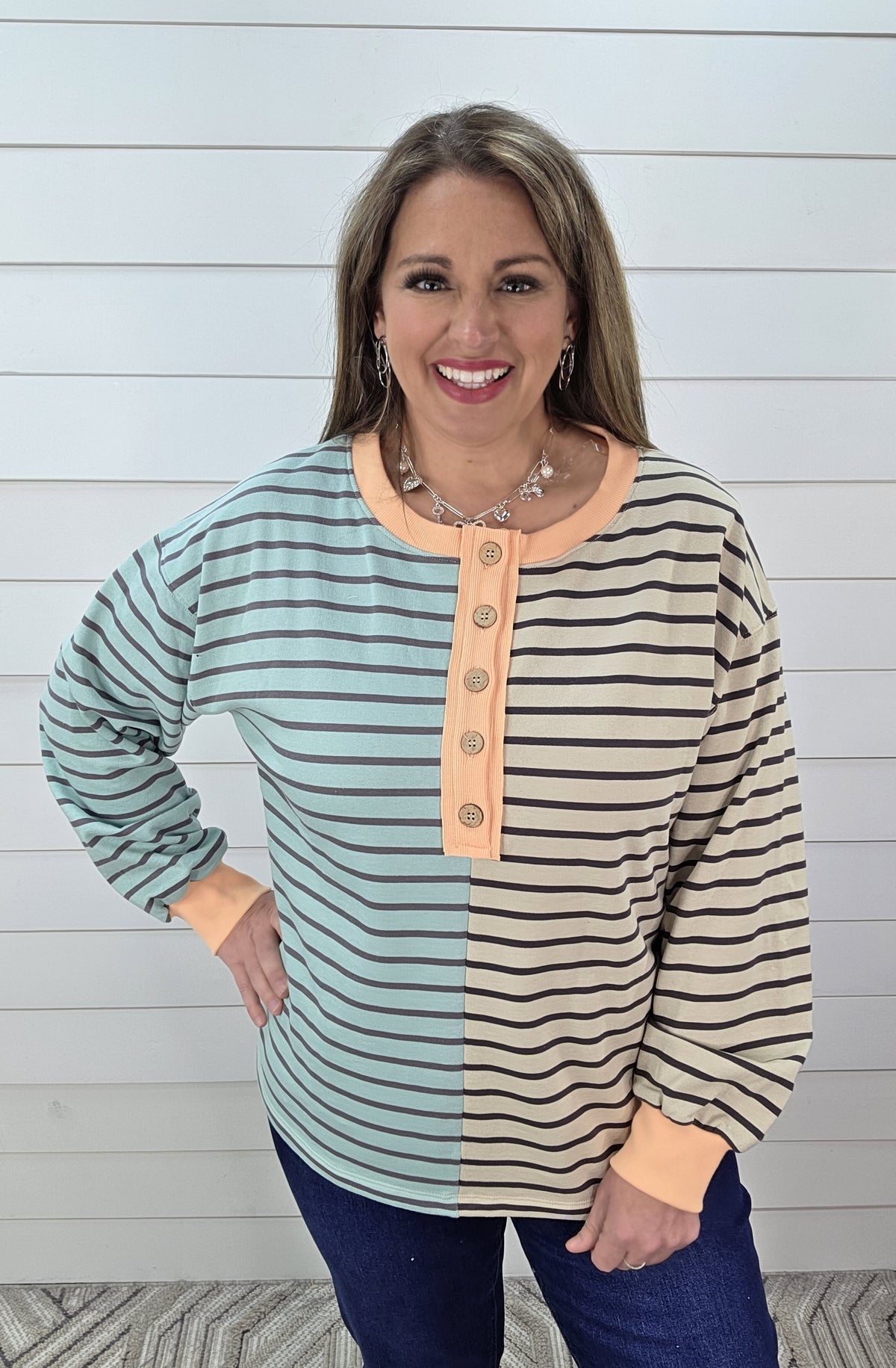 JADE/OATMEAL STRIPED CONTRAST BUTTON TRIM FRENCH TERRY TOP