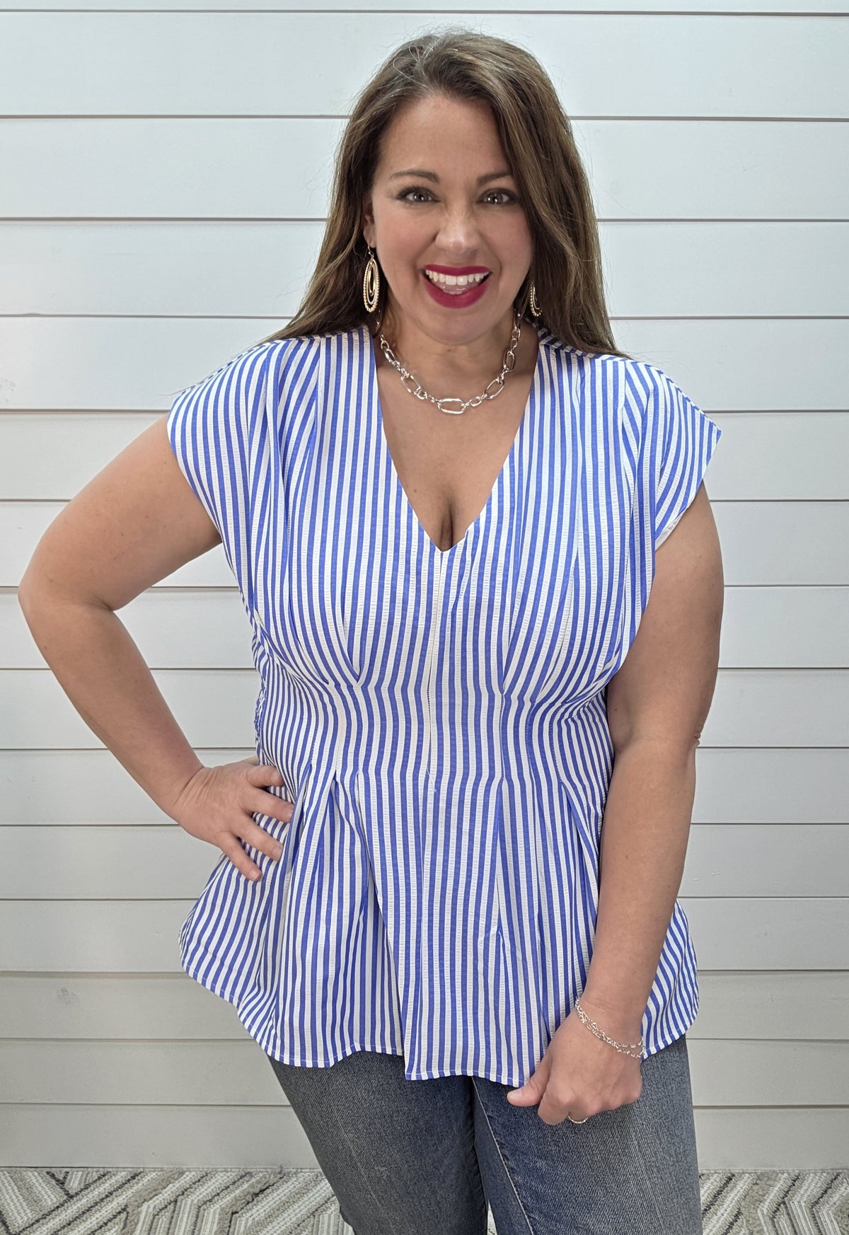 BLUE/WHITE STRIPED V NECK WOVEN TOP W/ ELASTIC WASIT