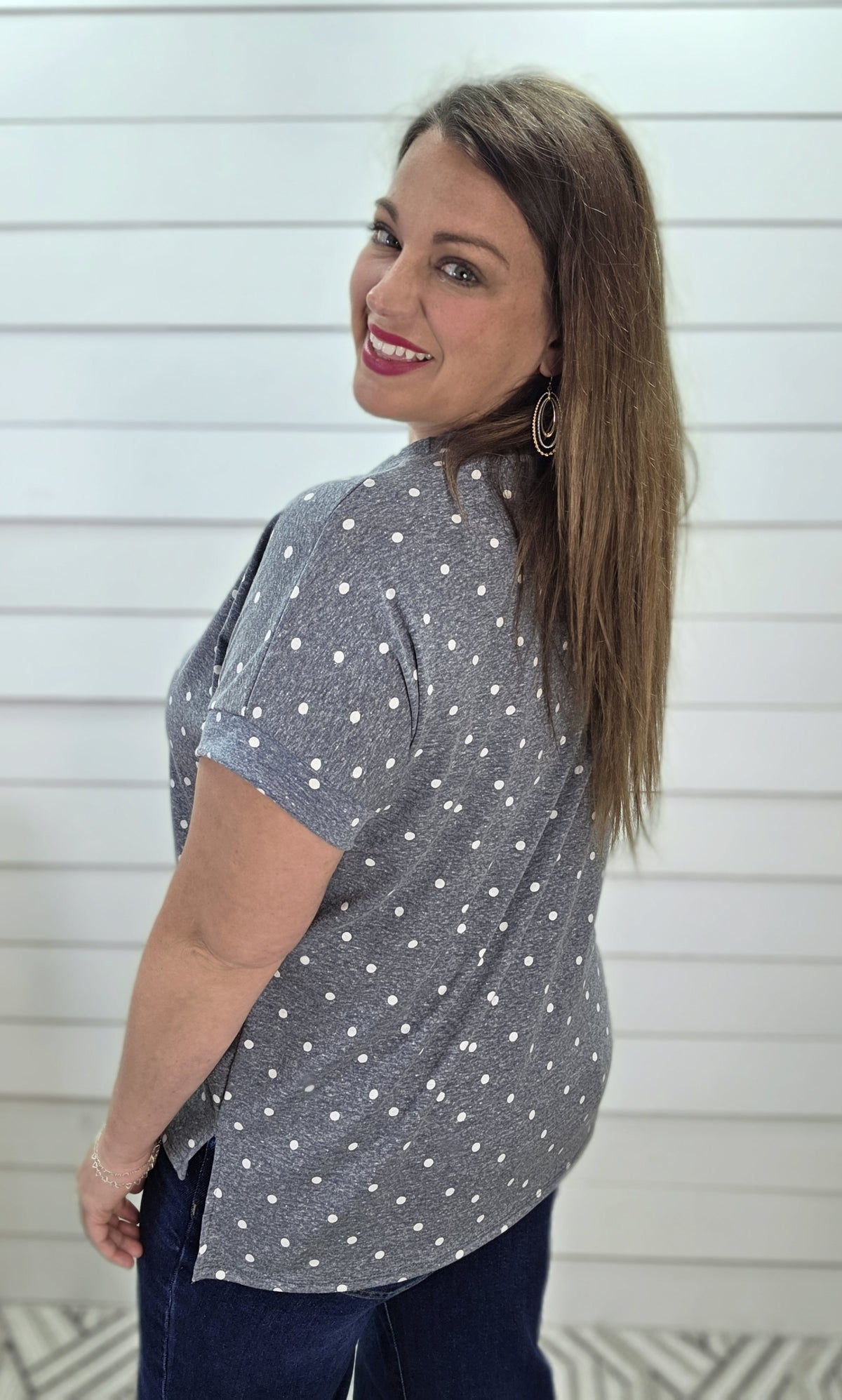 HEATHERED DENIM POLKA DOT KNIT TOP