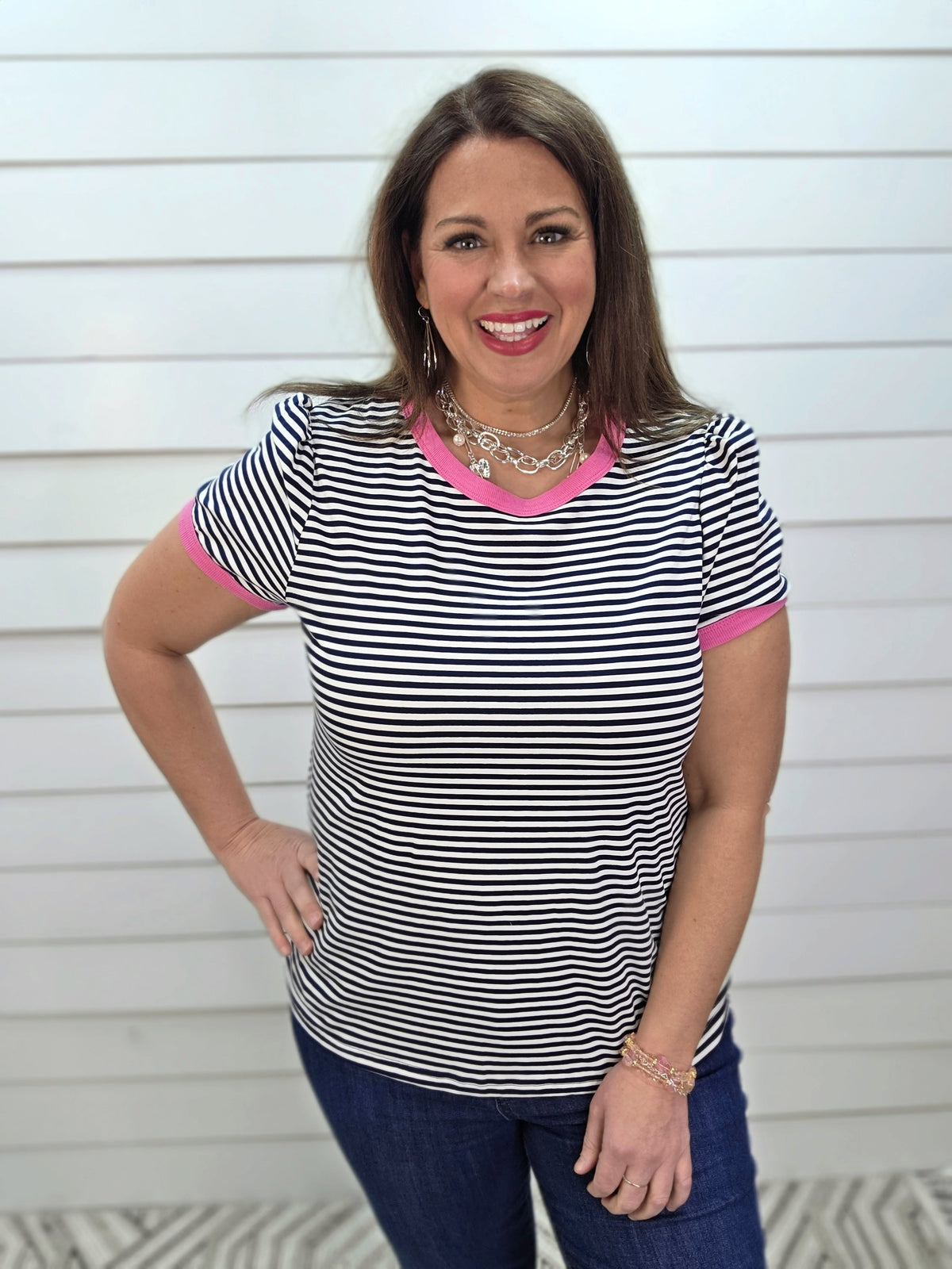 NAVY STRIPED KNIT TOP W/ PINK TRIM AND SMALL PUFF SLEEVE