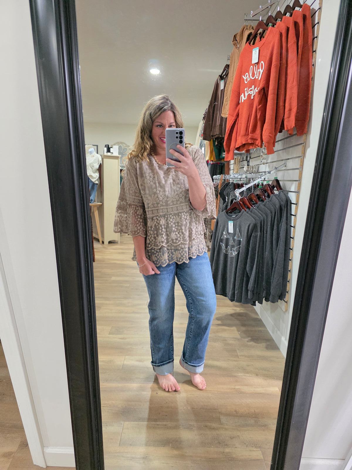 MOCHA MINERAL WASH CROCHET LACE 3/4 SLEEVE SCALLOPED TOP