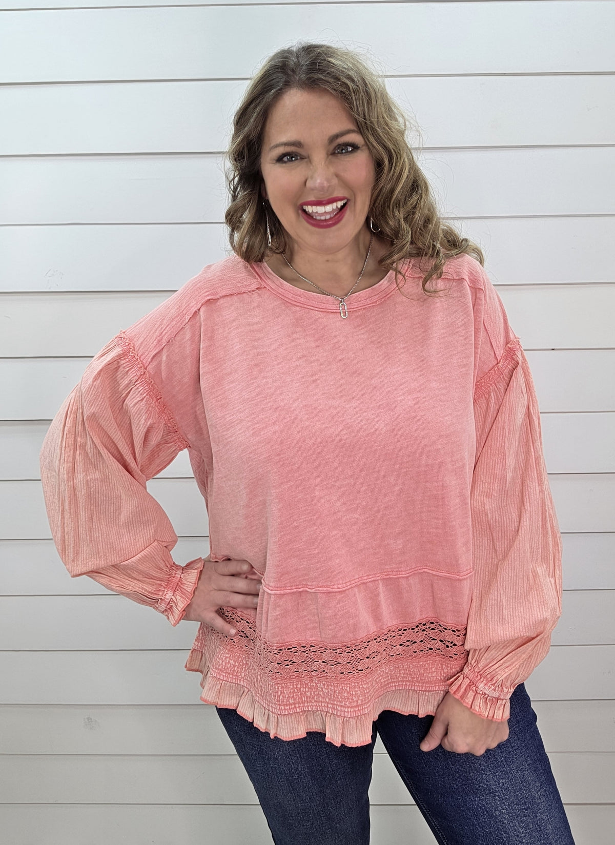 CORAL OVERSIZED MINERAL WASHED LACE TRIM TOP