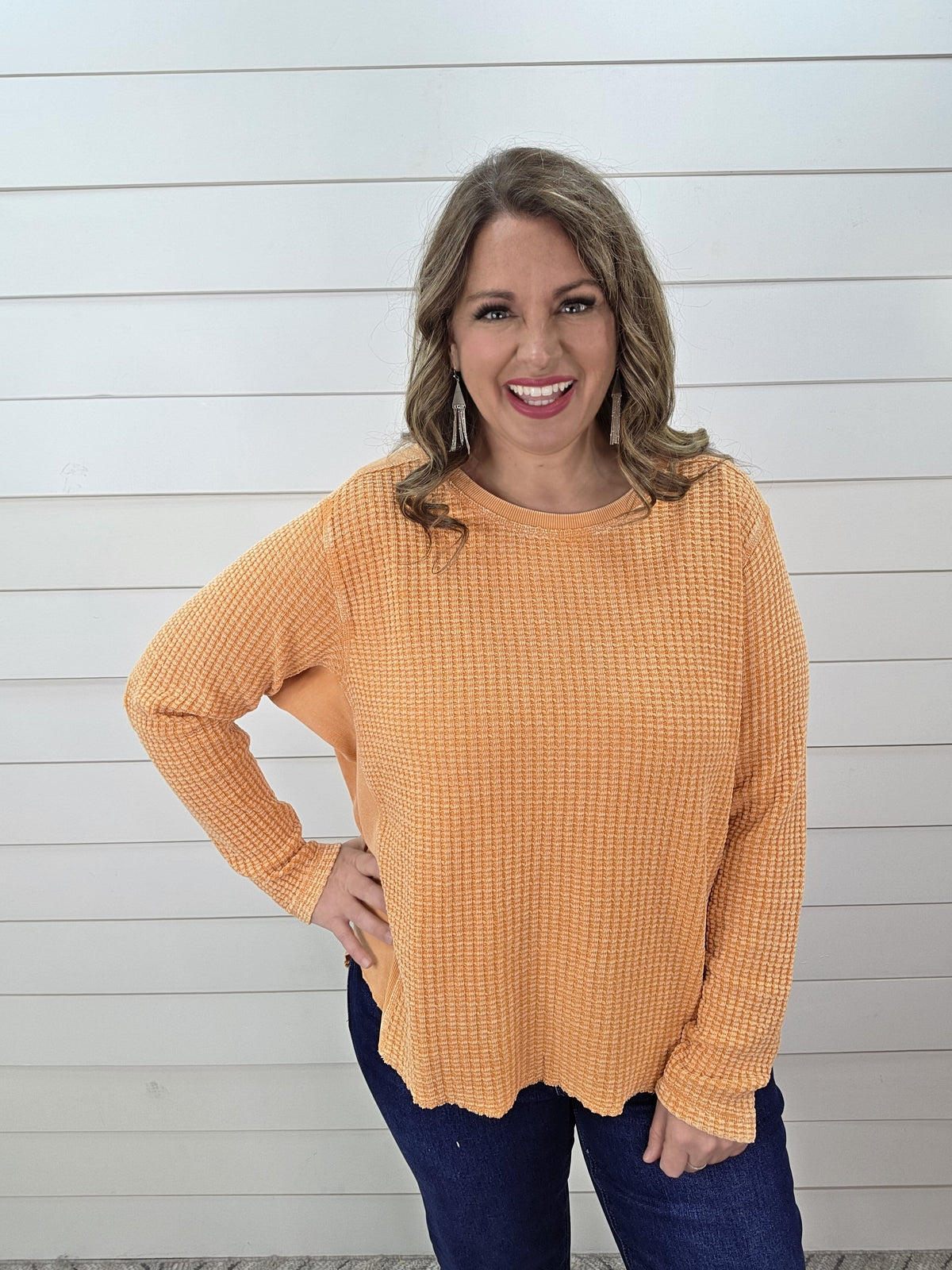 MINERAL WASH TANGERINE WAFFLE TEXTURE CONTRAST OVERSIZED TOP