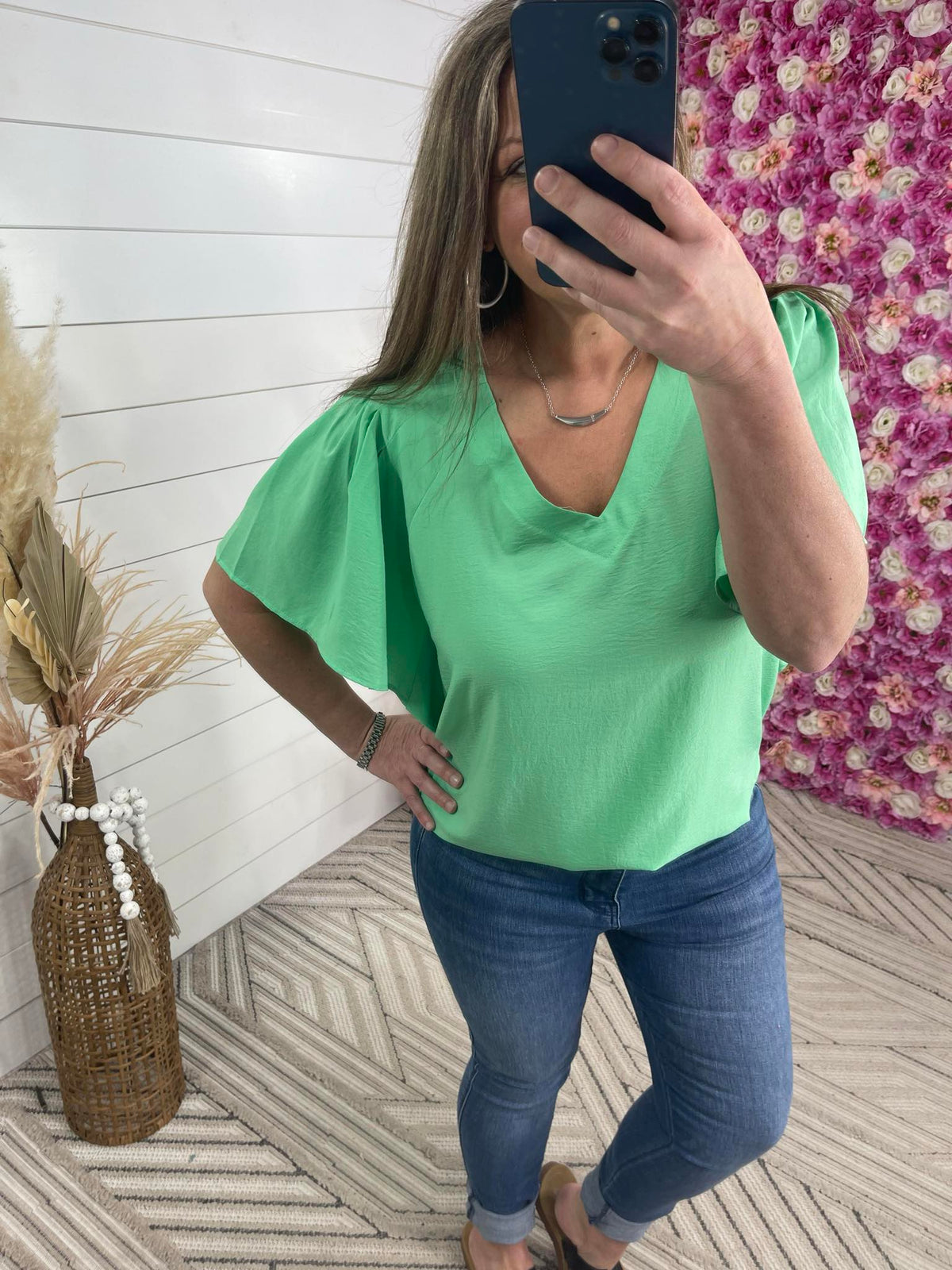 SEAFOAM SOLID BUTTERFLY SLEEVES TOP