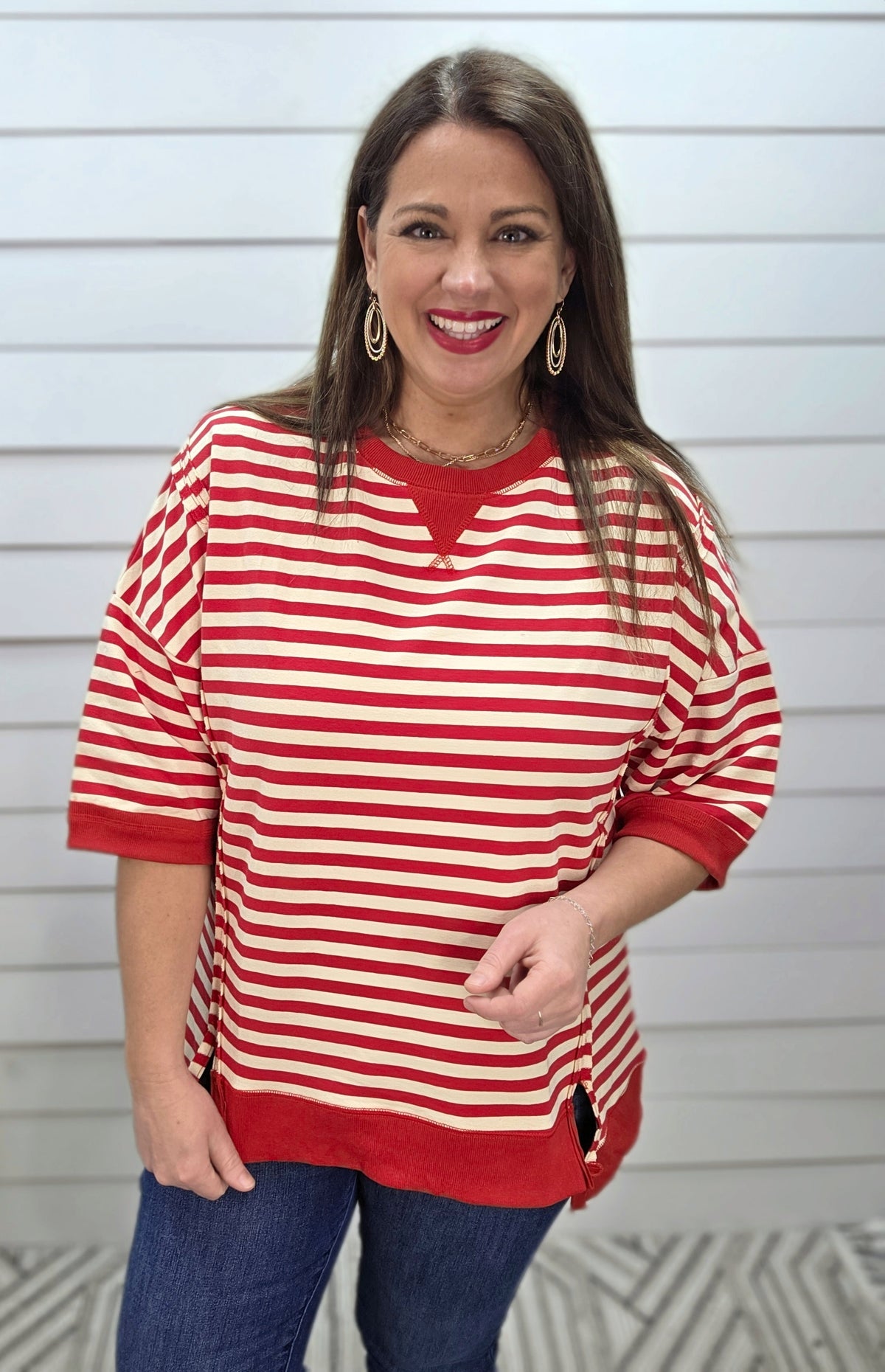 RED/CREAM STRIPED RELAXED FIT FRENCH TERRY KNIT TOP