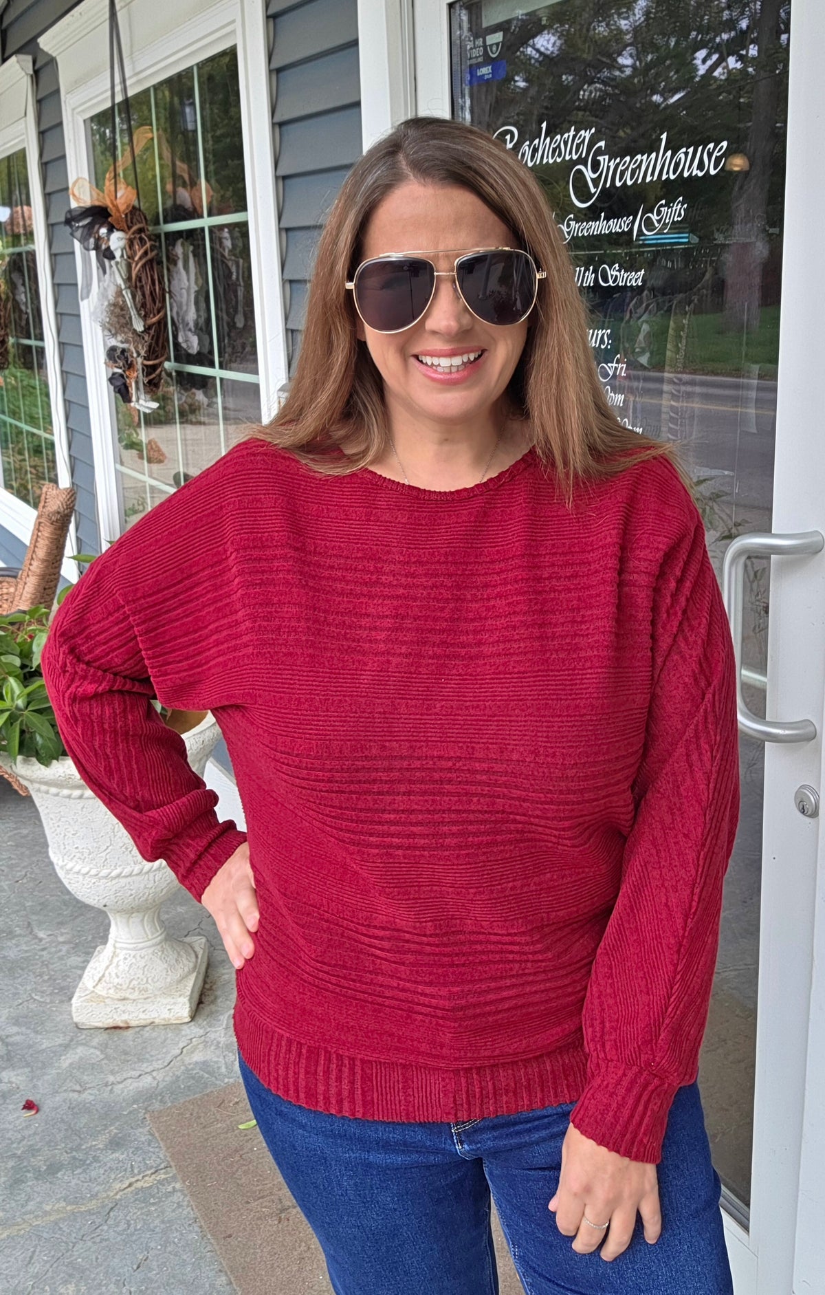 BURGUNDY DOLMAN TEXTURED BRUSHED KNIT TOP