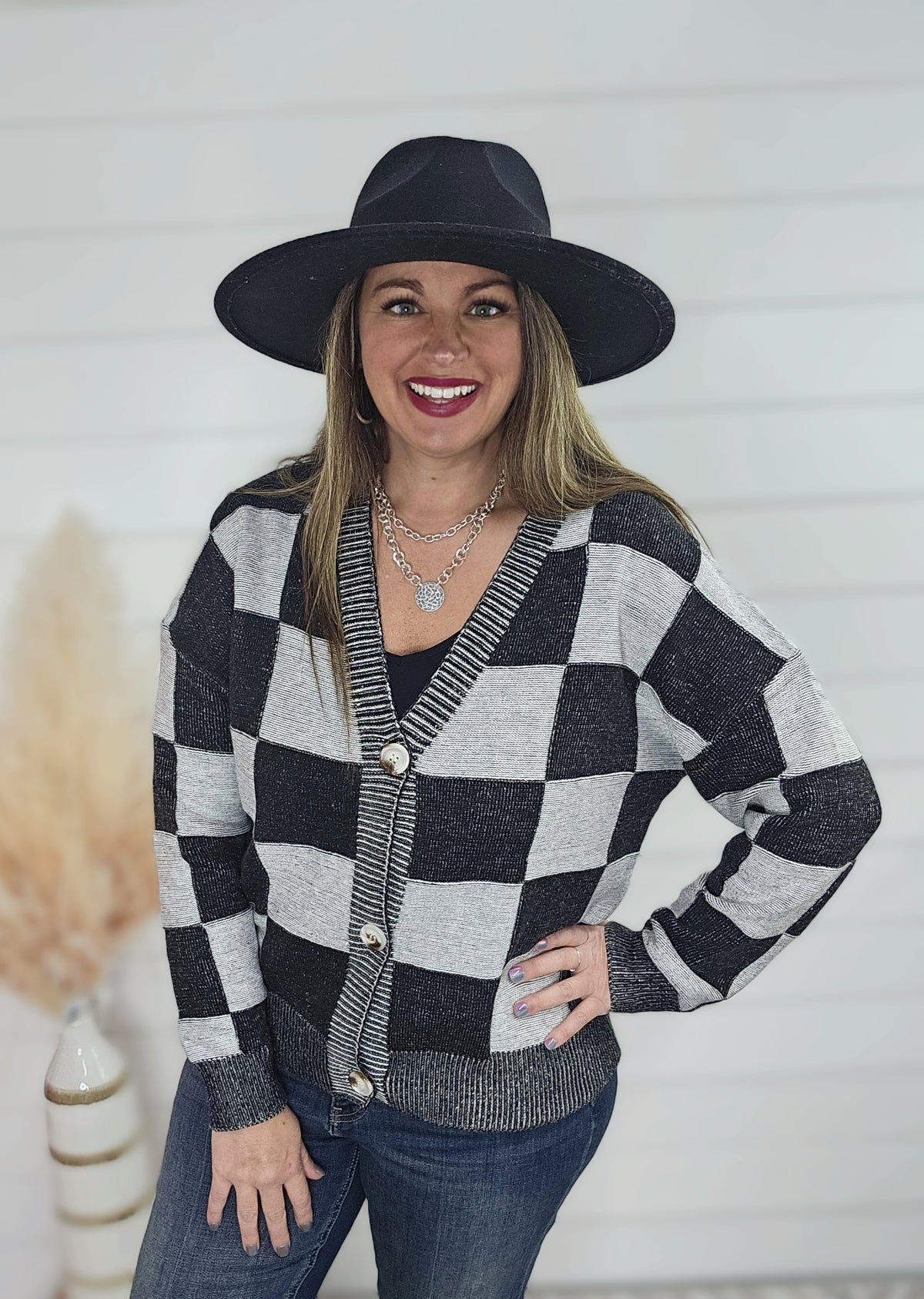 BLACK CHECKERED BUTTON CARDIGAN/SWEATER