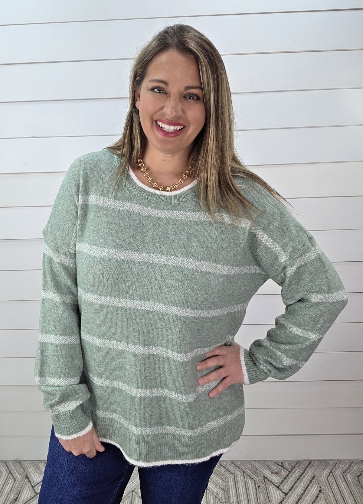 SAGE/CREAM STRIPED KNIT LIGHT WEIGHT SWEATER