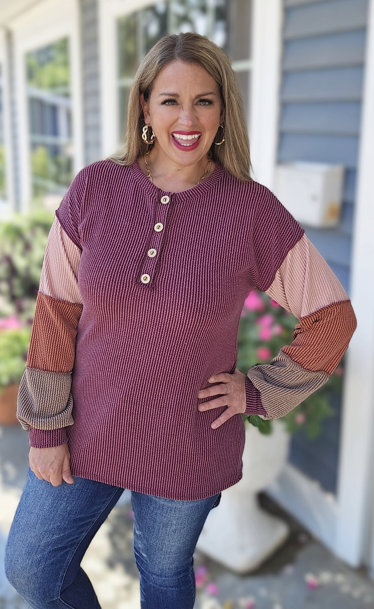BURGUNDY RAISED RIBBED HENLEY COLORBLOCK LONG SLEEVES KNIT TOP