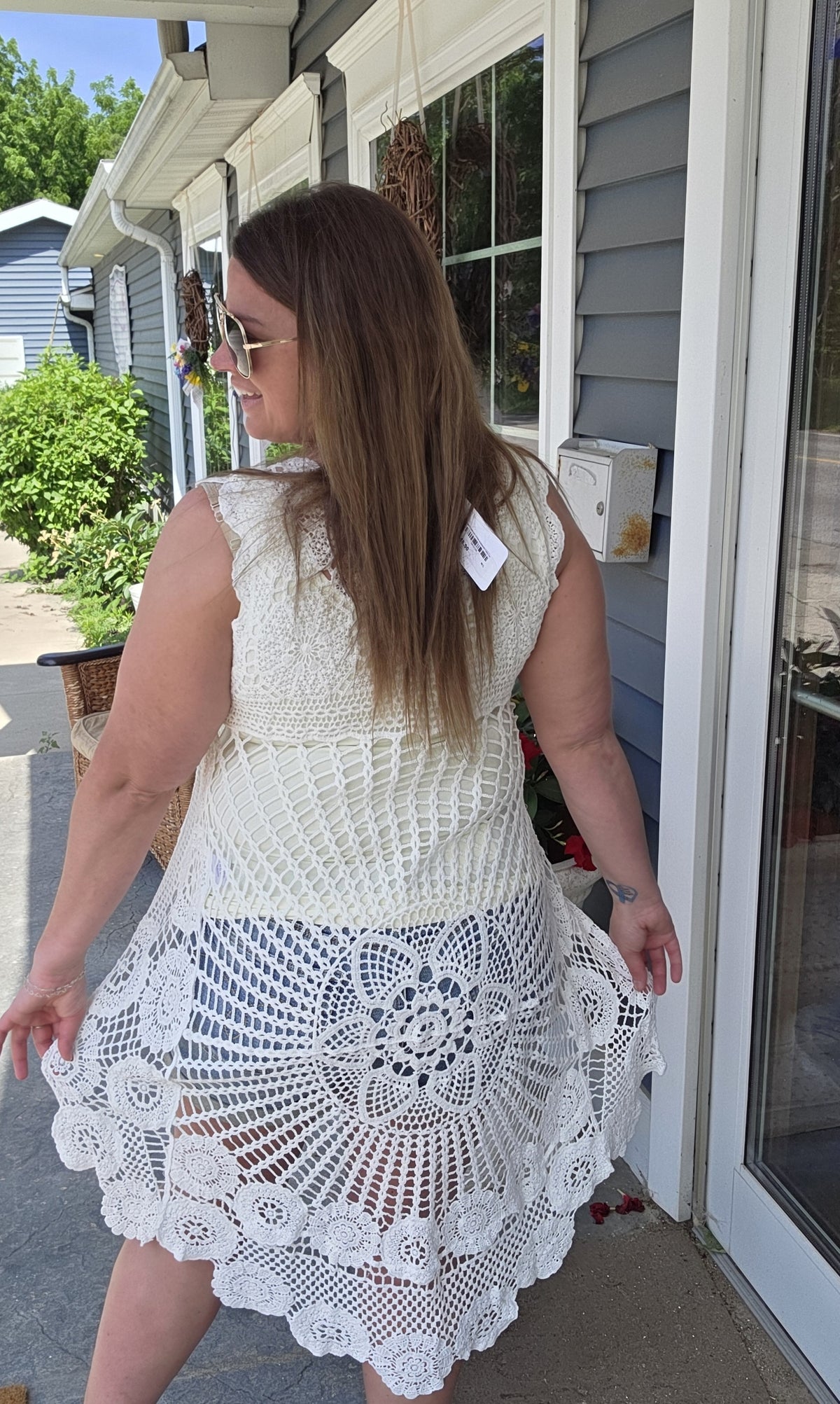 WHITE CROCHET HI LOW SLEEVELESS TUNIC TOP