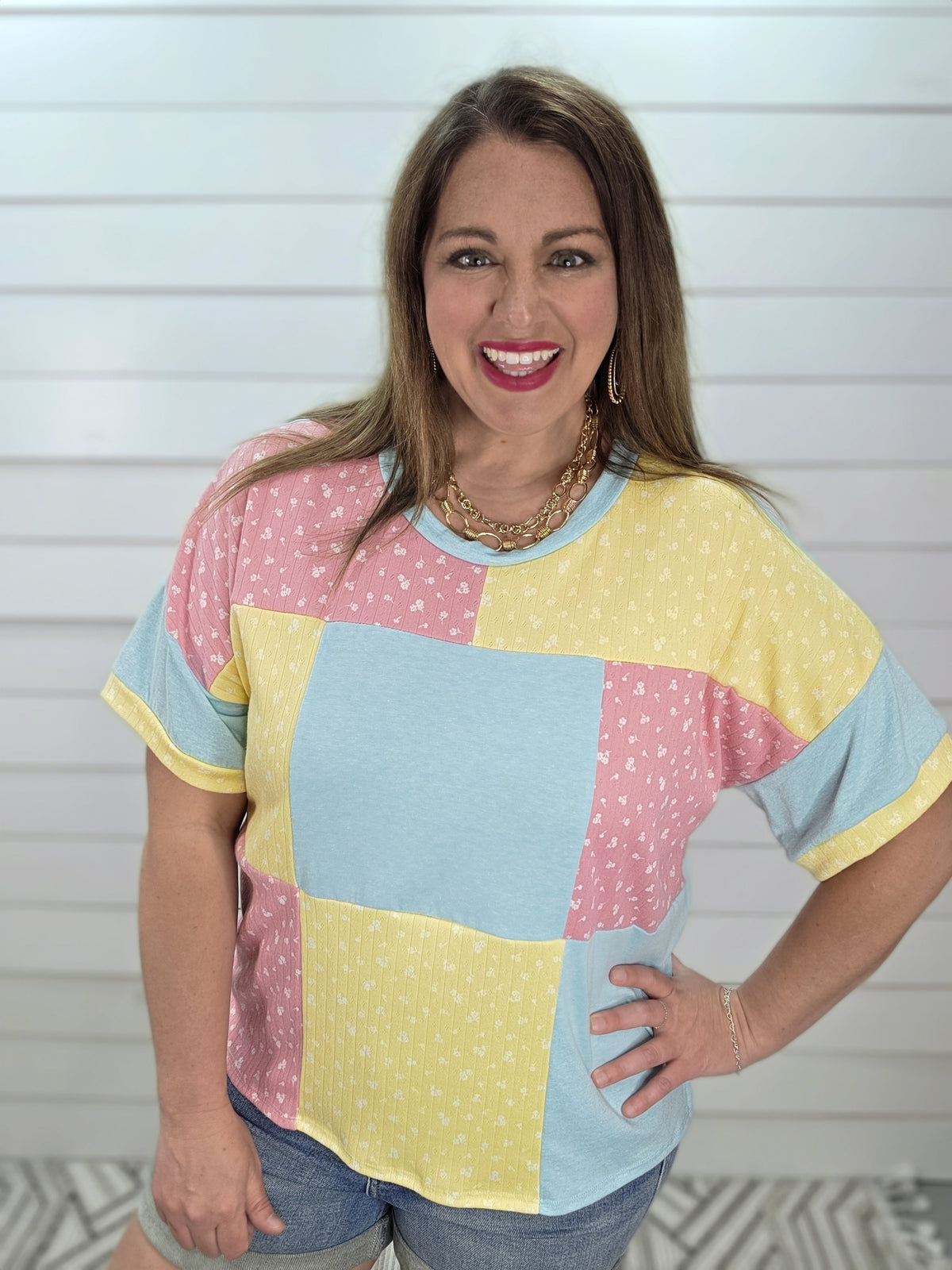 MINT/YELLOW/PINK PATCHWORK KNIT TOP
