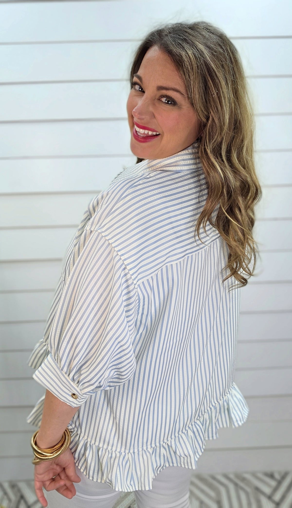 LIGHT BLUE STRIPED BUTTON DOWN RUFFLE TOP