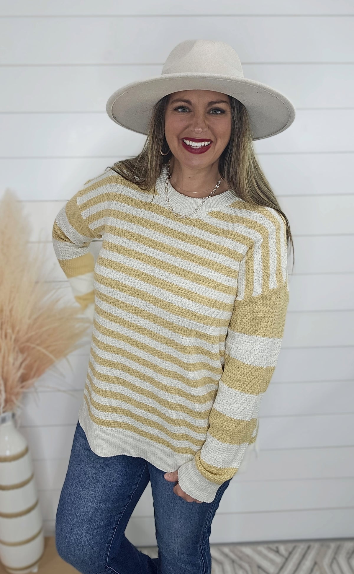 MUSTARD TEXTURED MULTI STRIPED CREW NECK SWEATER