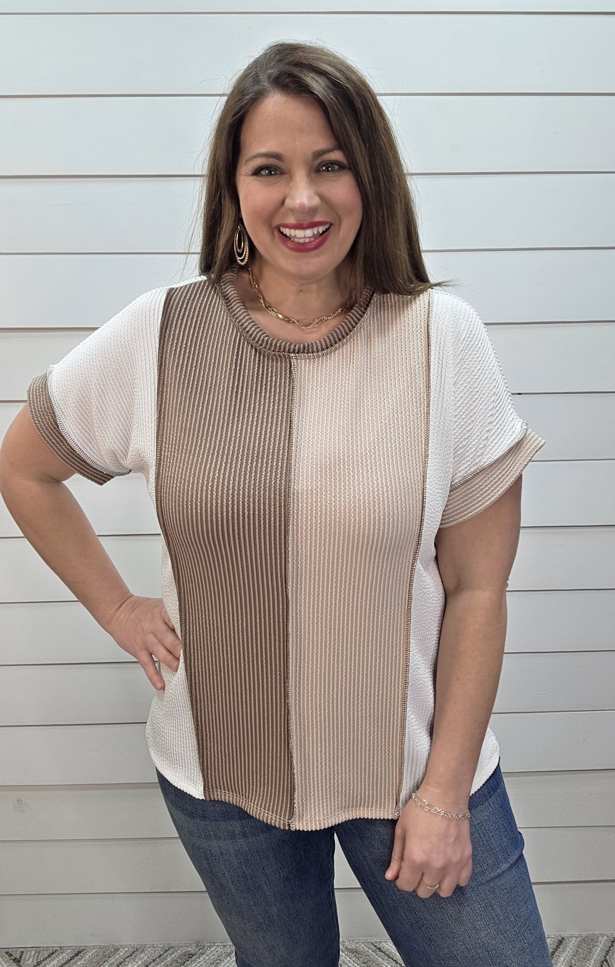 IVORY/CHOCOLATE/TAUPE RAISED RIBBED COLORBLOCK KNIT TOP
