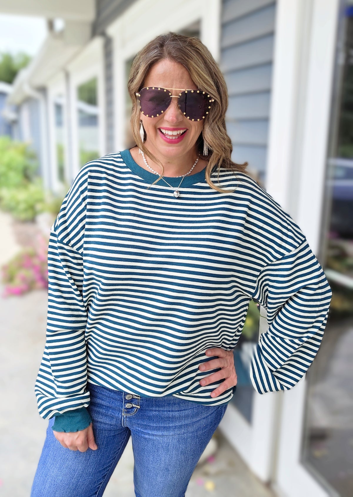 GREEN STRIPED LOOSE FIT KNIT TOP