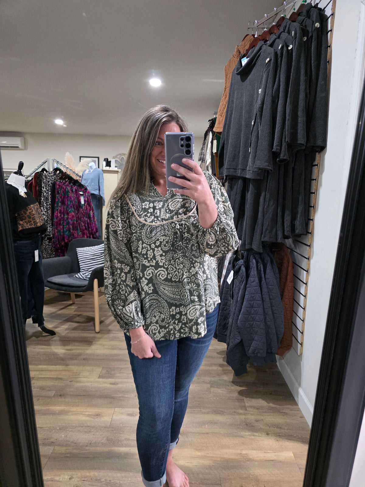 OLIVE/TAUPE TEXTURED PRINTED BLOUSE