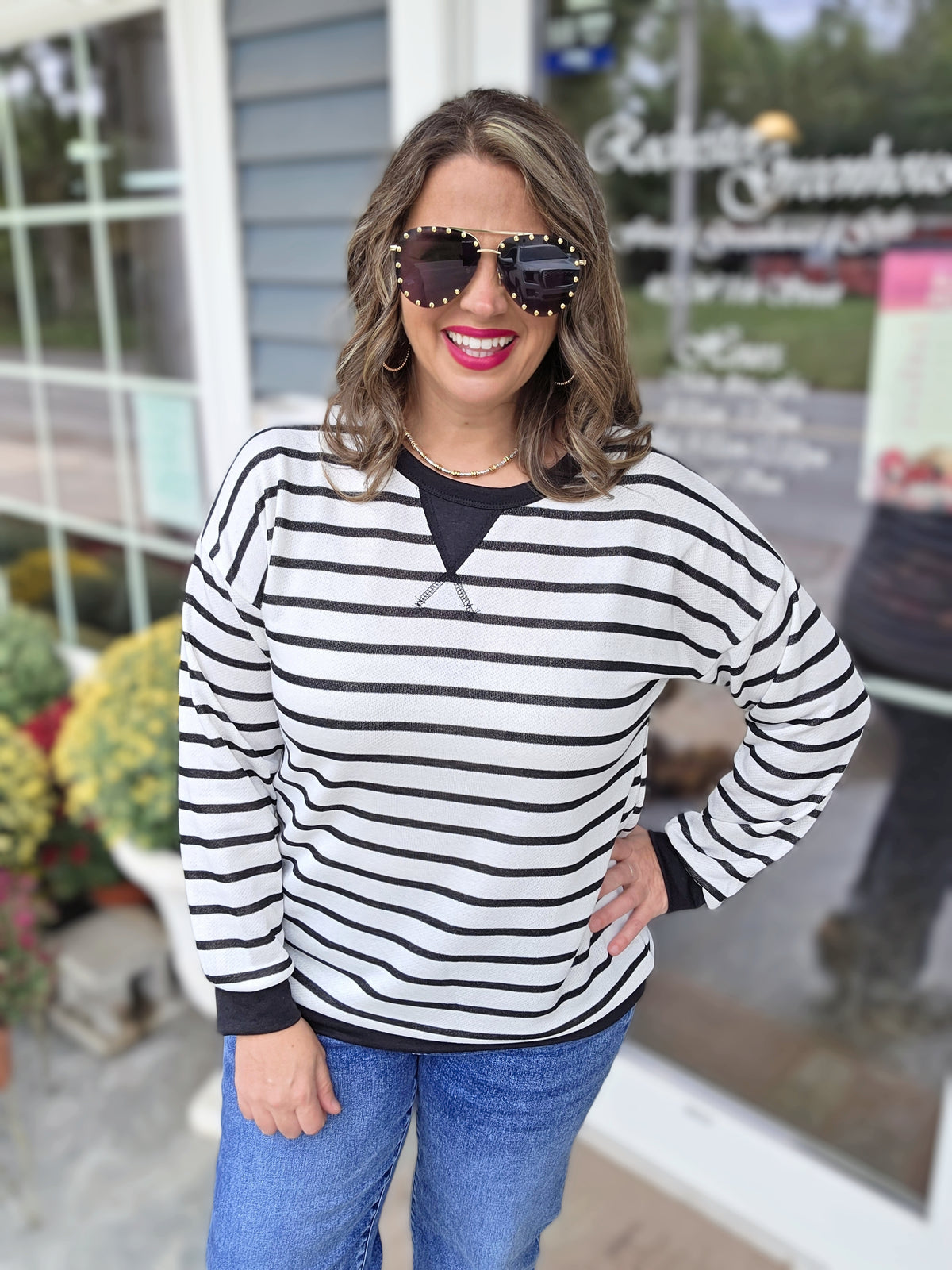 OFF WHITE/BLACK STRIPED FRENCH TERRY KNIT TOP