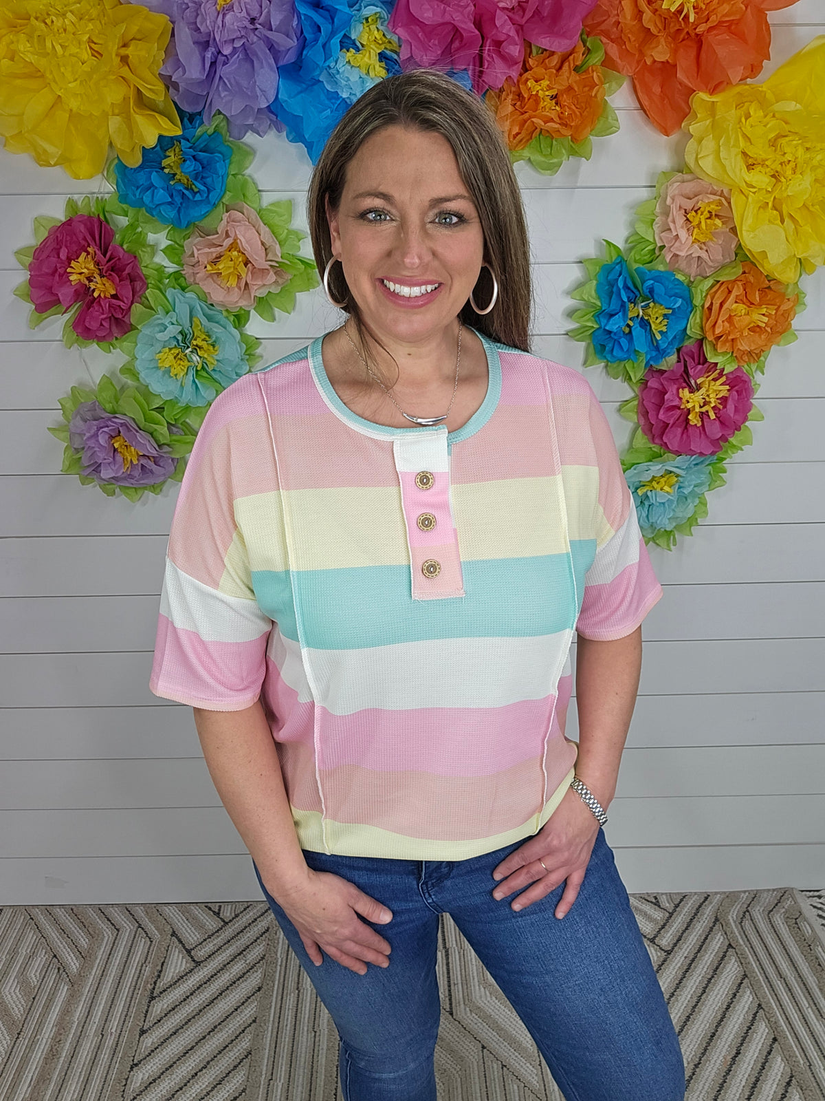 MULTI STRIPED WAFFLE TEXTURE BUTTON TOP
