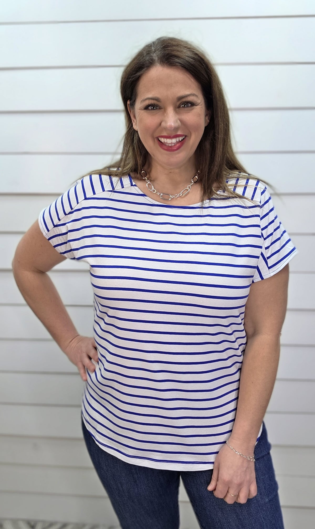 BLUE/WHITE STRIPED BOAT NECK KNIT TOP