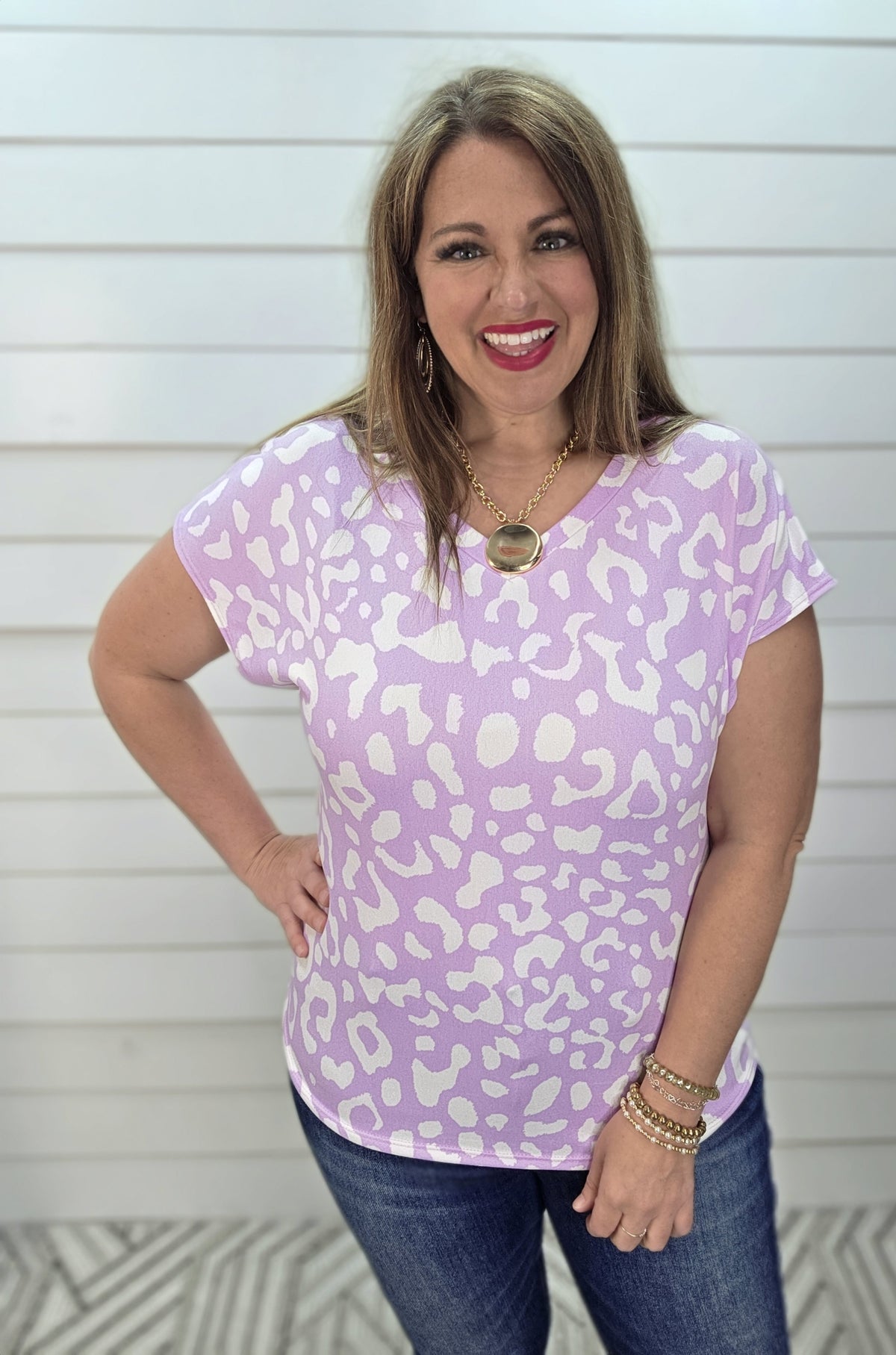 LILAC LEOPARD V NECK BUTTER KNIT TOP