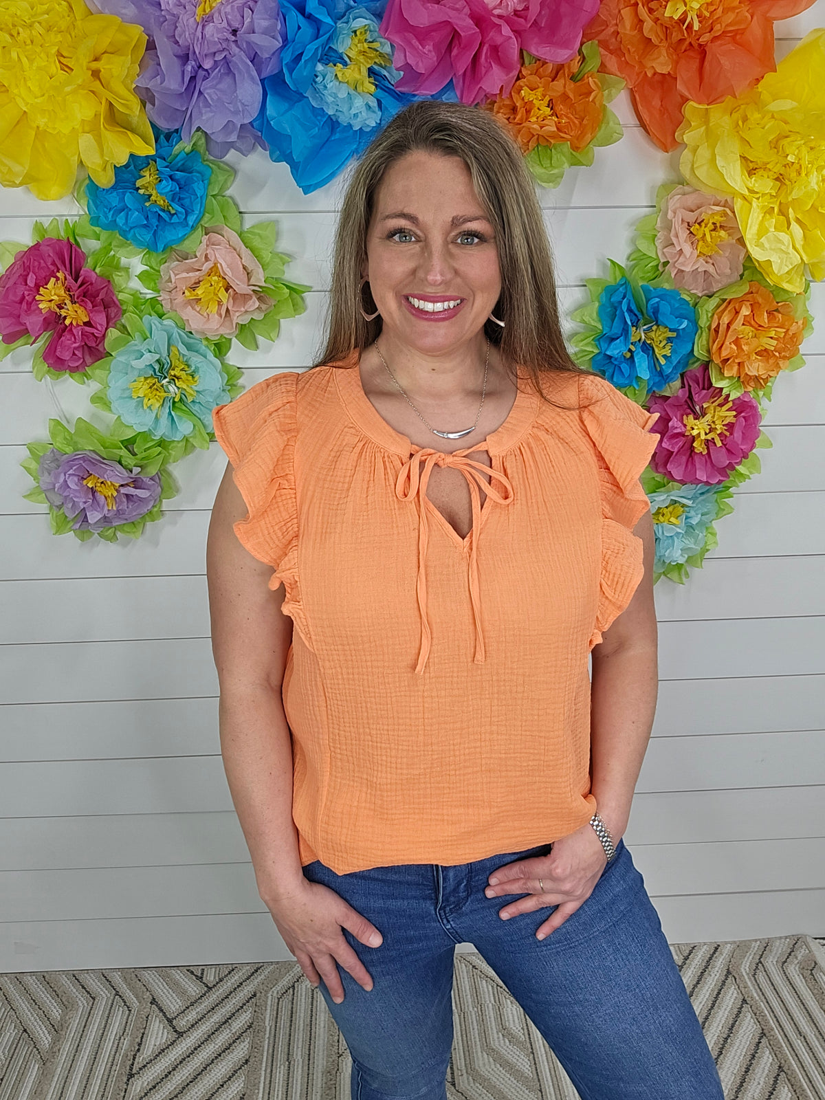 PERSIMMON COTTON GAUZE RUFFLE SLEEVE TOP