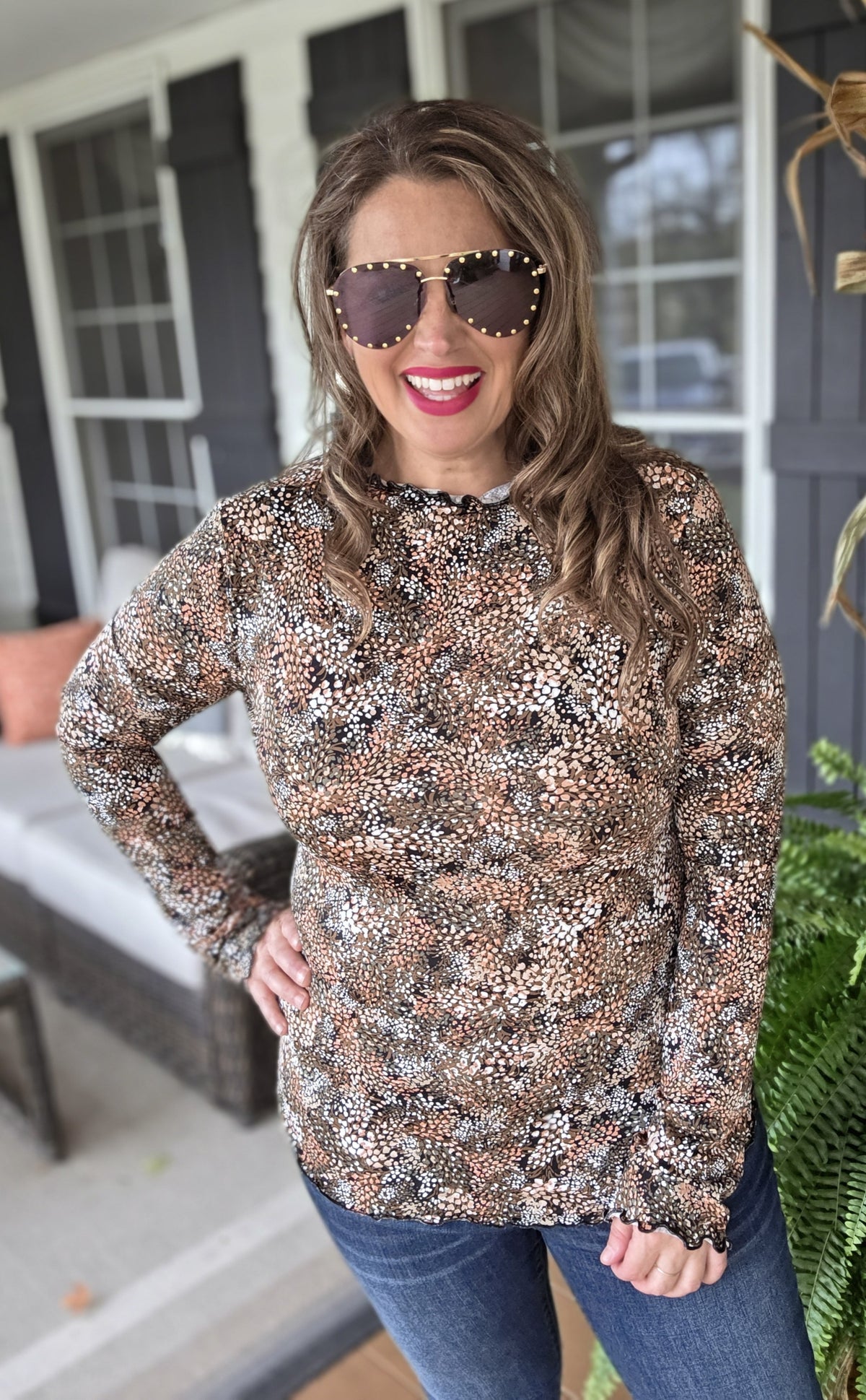 OLIVE/RUST/OLIVE PRINTED MOCK NECK FITTED TOP