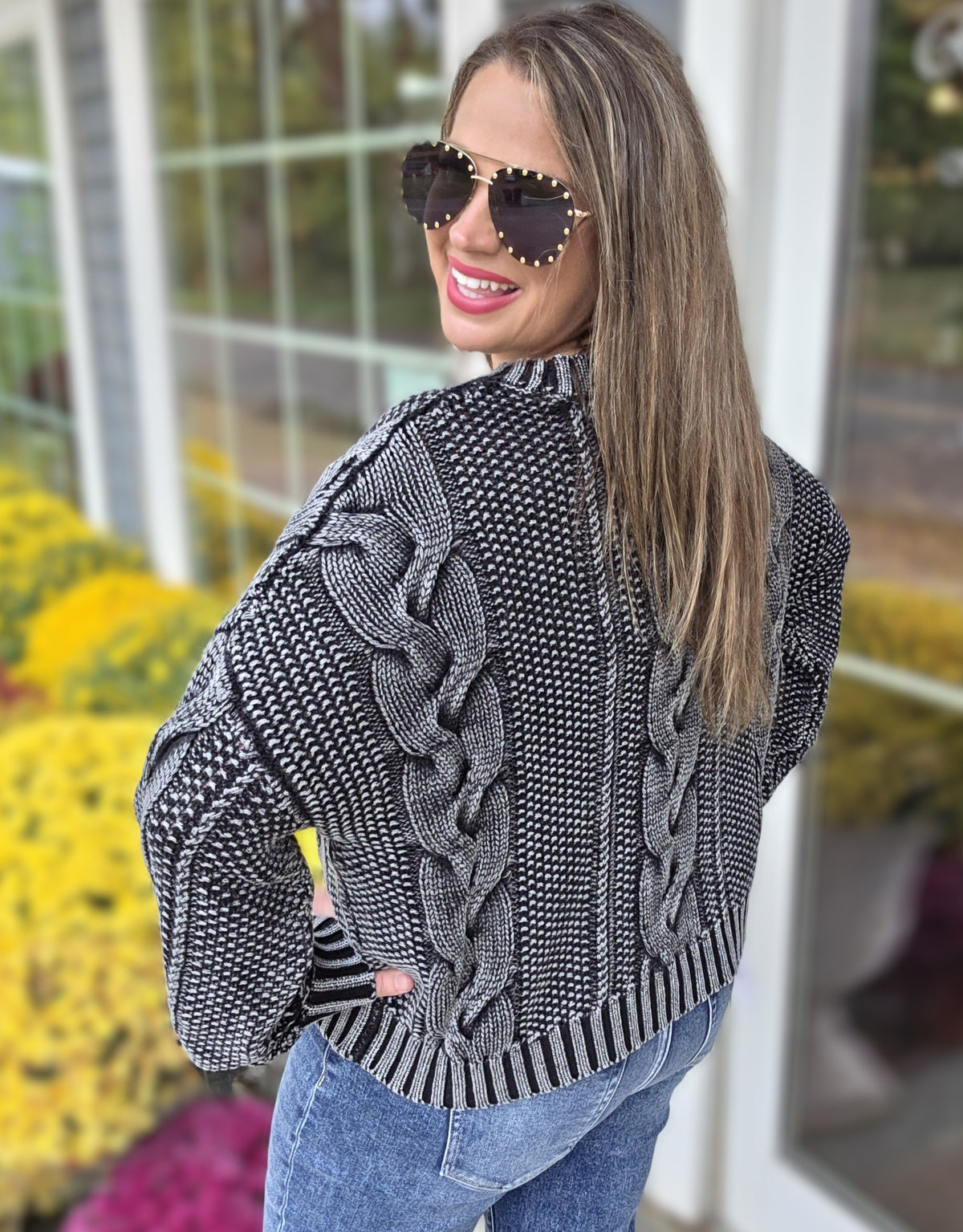 CHARCOAL MINERAL WASH CABLE KNIT SWEATER