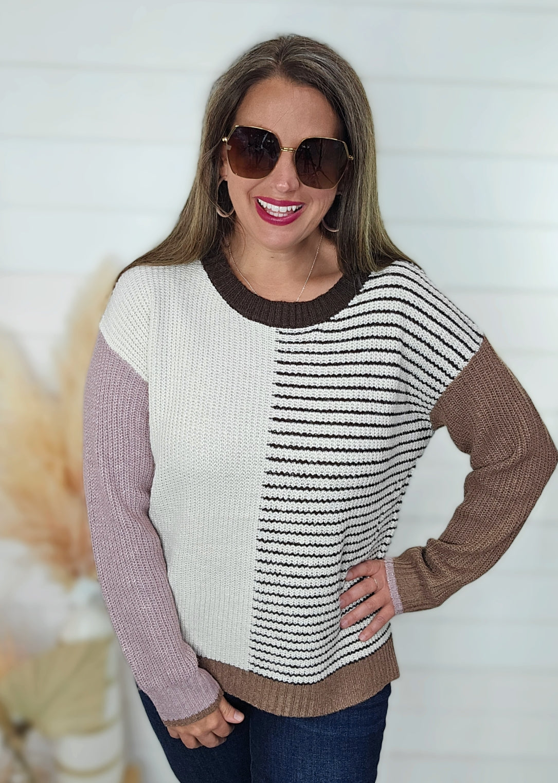 MOCHA/MAUVE COLORBLOCK STRIPED CREW NECK LIGHT WEIGHT SWEATER