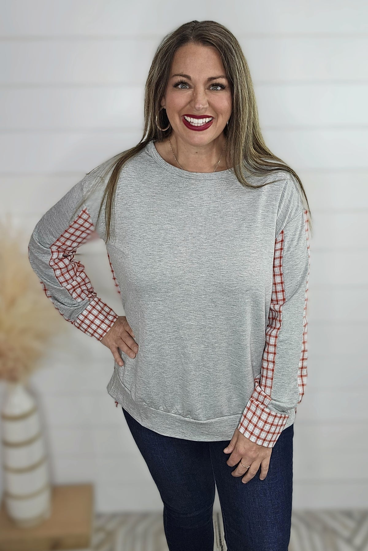 GREY FRENCH TERRY TOP W/ PLAID CONTRAST