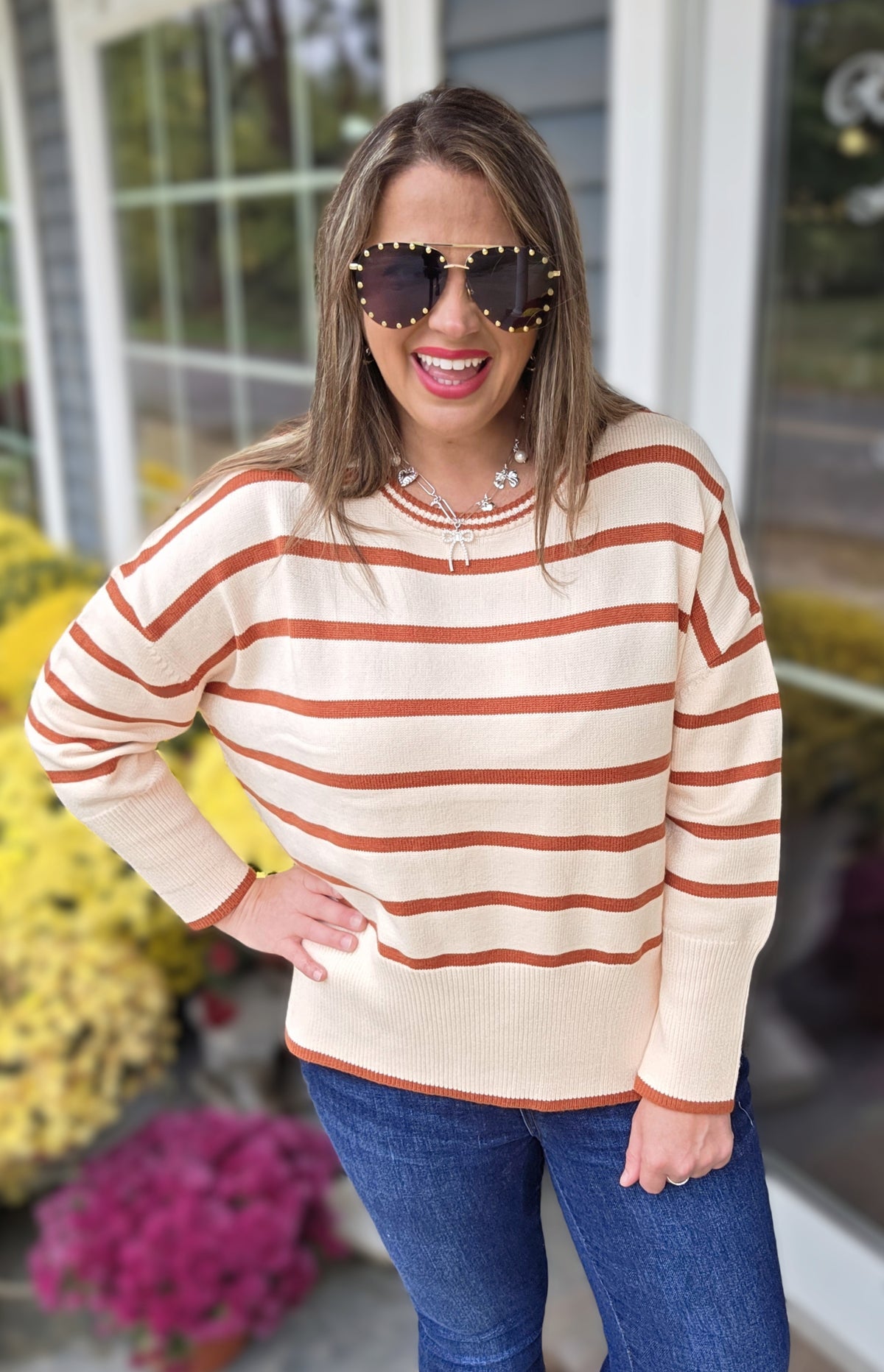 CREAM/RUST STRIPED OVERSIZED SWEATER
